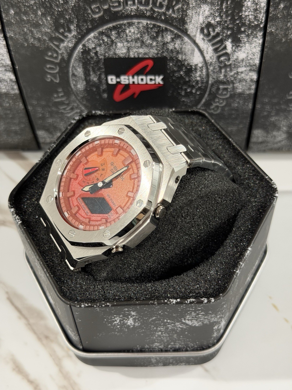 Casio GA-2100 G-Shock Watch – Sandblasted Silver Case Mod – Orange Dial