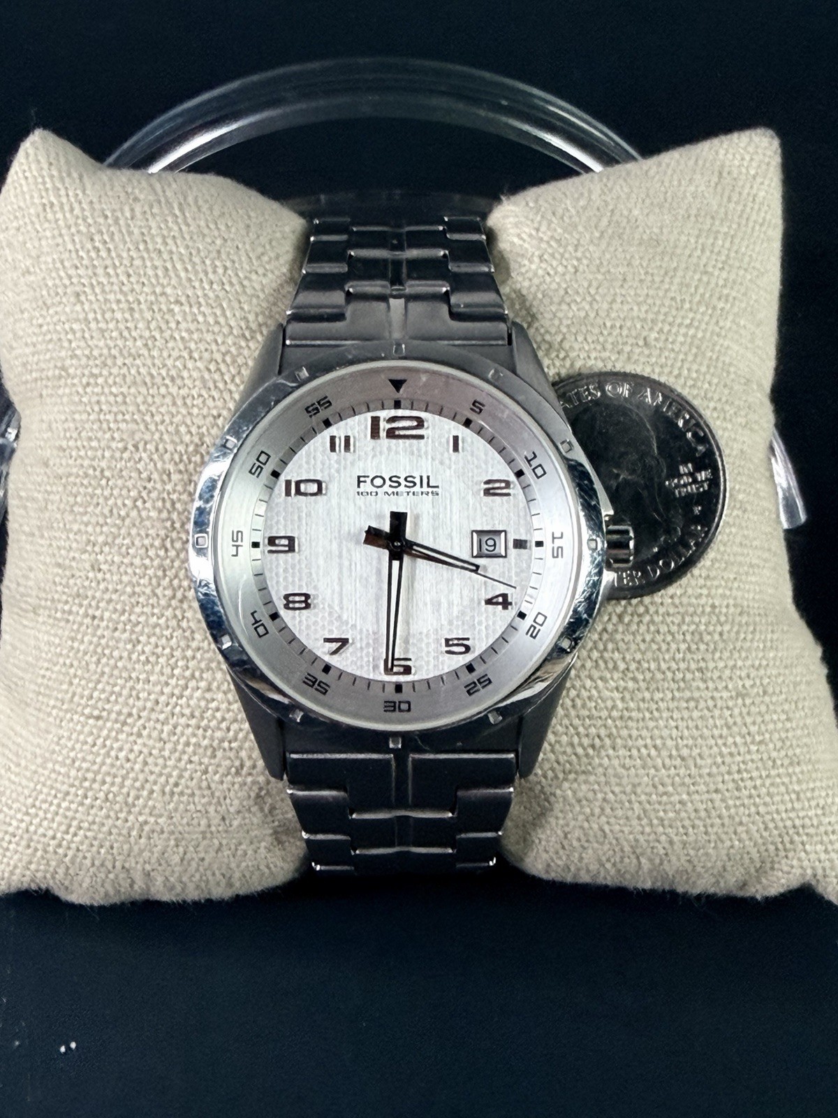 Fossil Blue AM4102 Silver Case 40mm NEW BATTERY Silver Dial With Date & Bracelet
