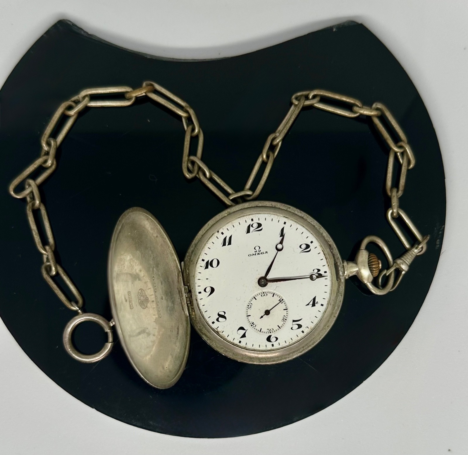 Antique OMEGA 800 Solid Silver Pocket Watch 1920 Cal 17.5B Floral With Chain 97g