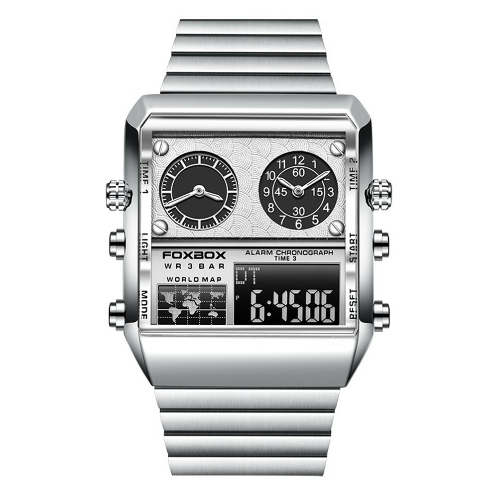 LIGE FOXBOX Men Watch Rectangle Dual Time Wristwatch Male Digital LED Watches
