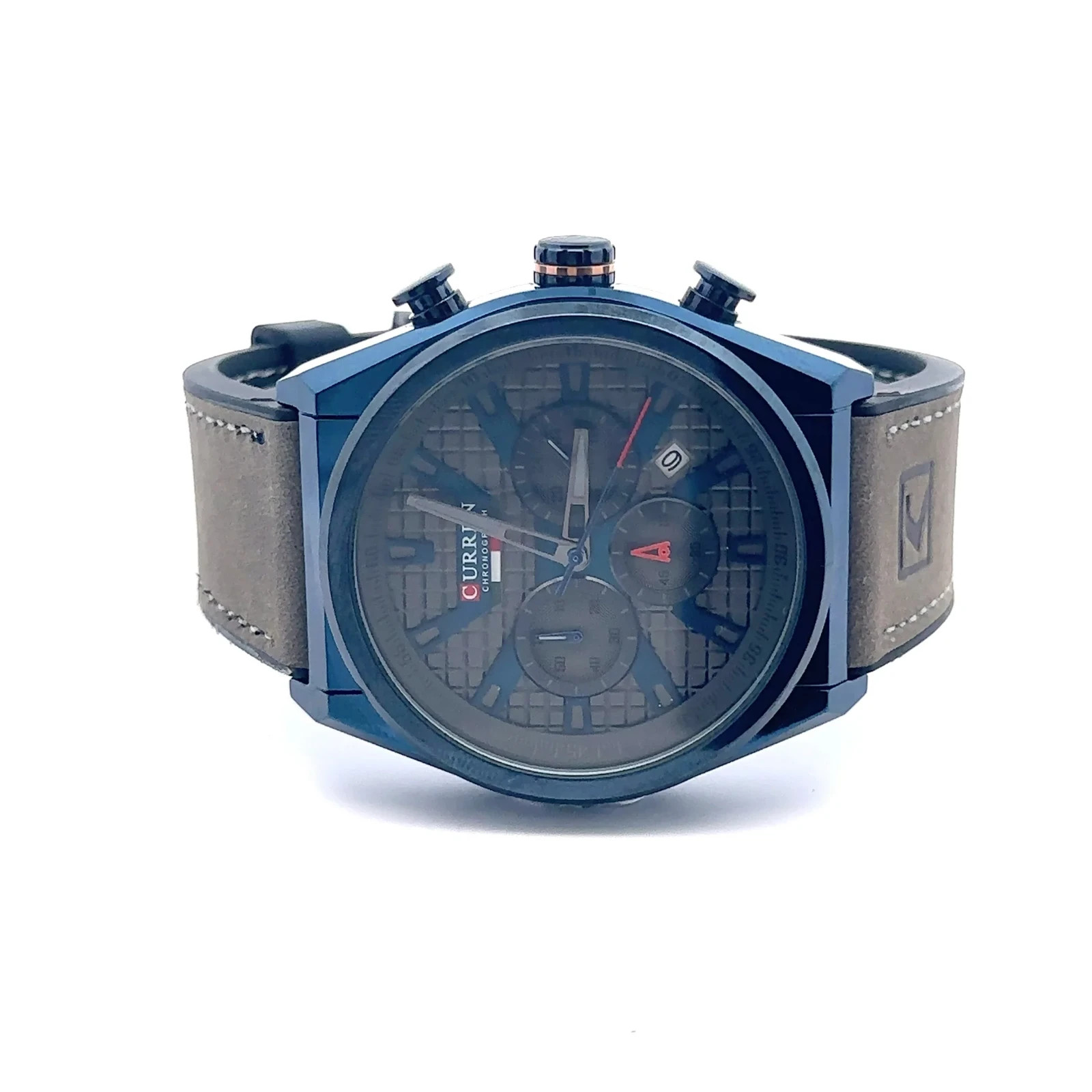CURREN Mens Chronograph Watch Blue Gray Leather Strap Date 46mm Quartz