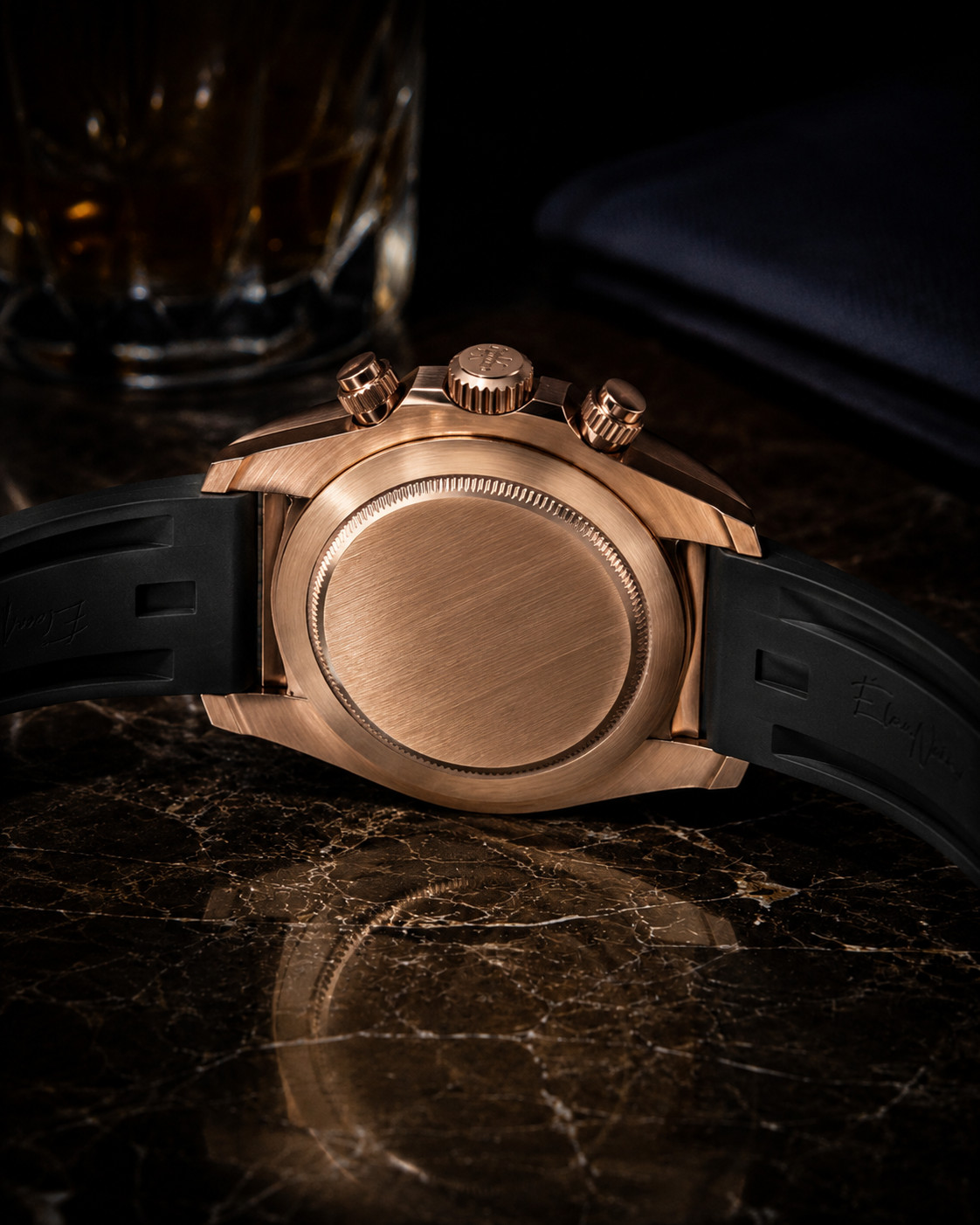 ÉlanNoir Chronograph Watch VK63 Black Dial Rose Case Sapphire Crystal Steel 40mm