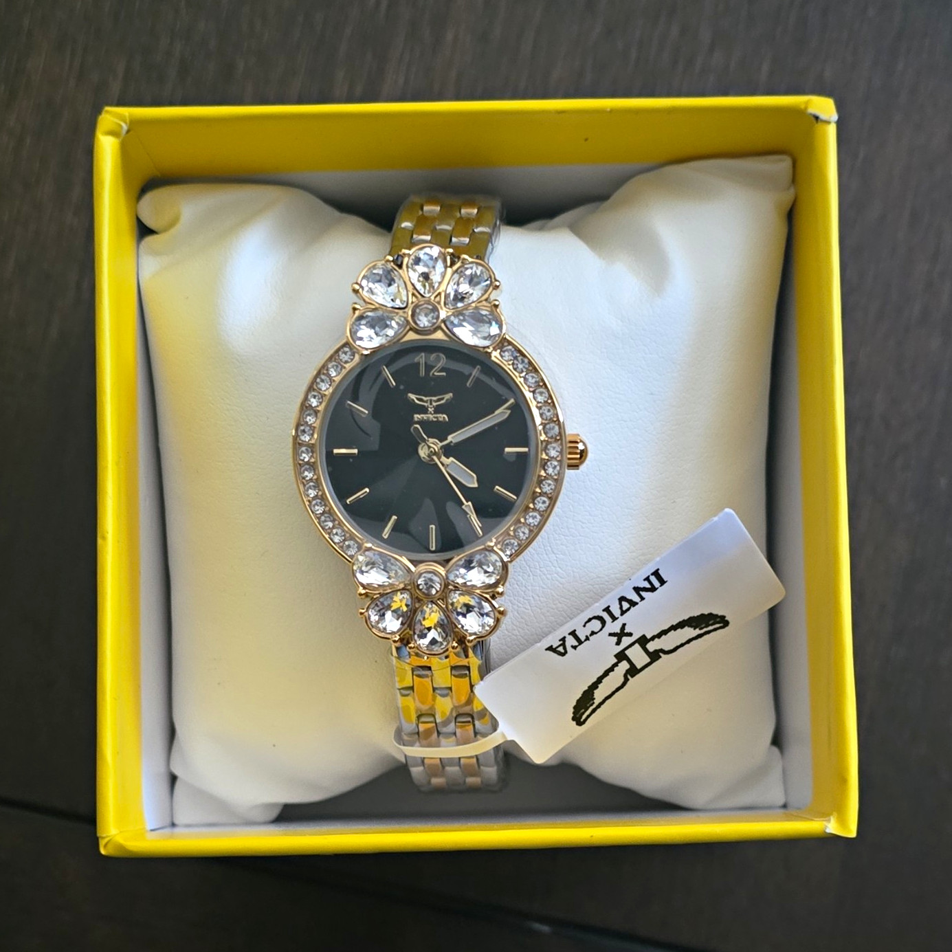 Invicta Women’s Quartz Watch Two-Tone Bracelet Black Dial Crystal Box