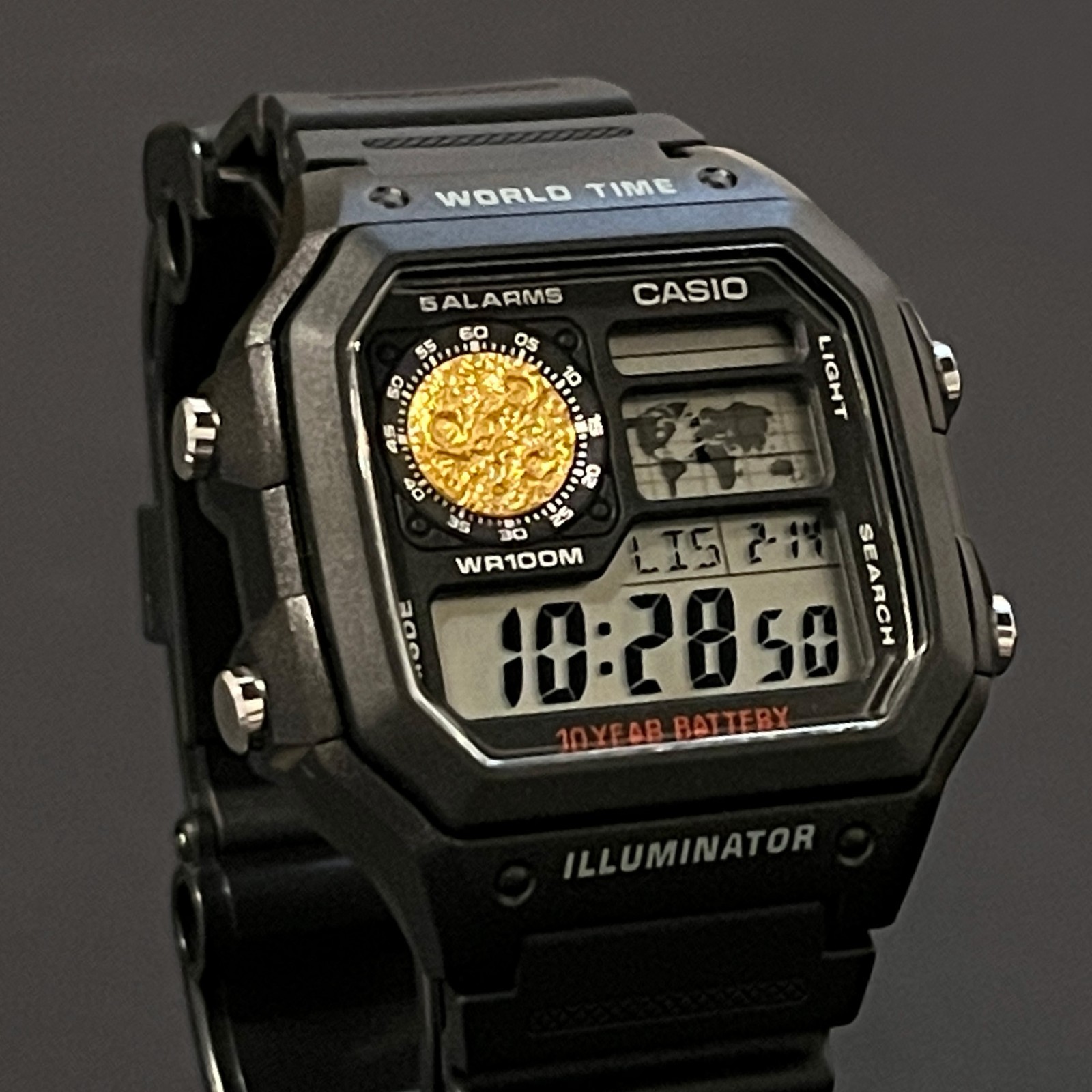 Casio AE1200 Royale 24K Gold Leaf Moon Sculpture Handmade Mod Watch (Black Case)