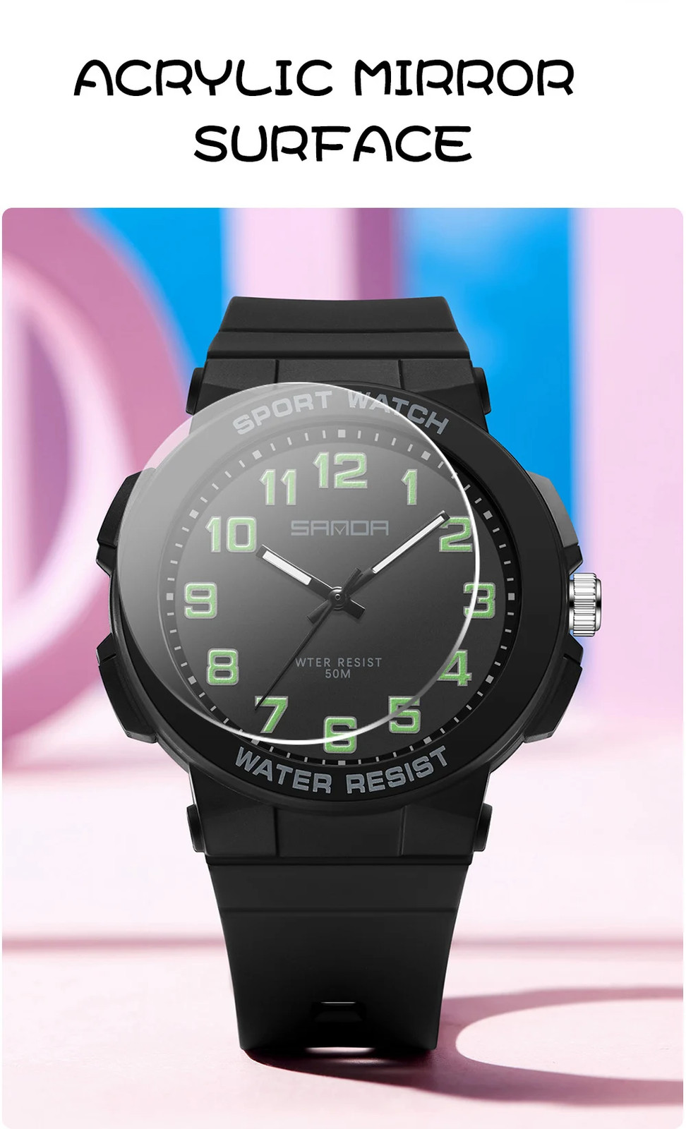 Sanda 6123 Trendy Design Soft Student Watch TPU Strap 50M Depth Waterproof