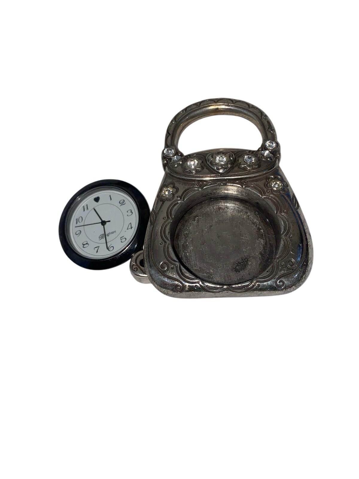 Brighton Silver Purse Watch New Battery Flowers & Jewels Swinging Stand