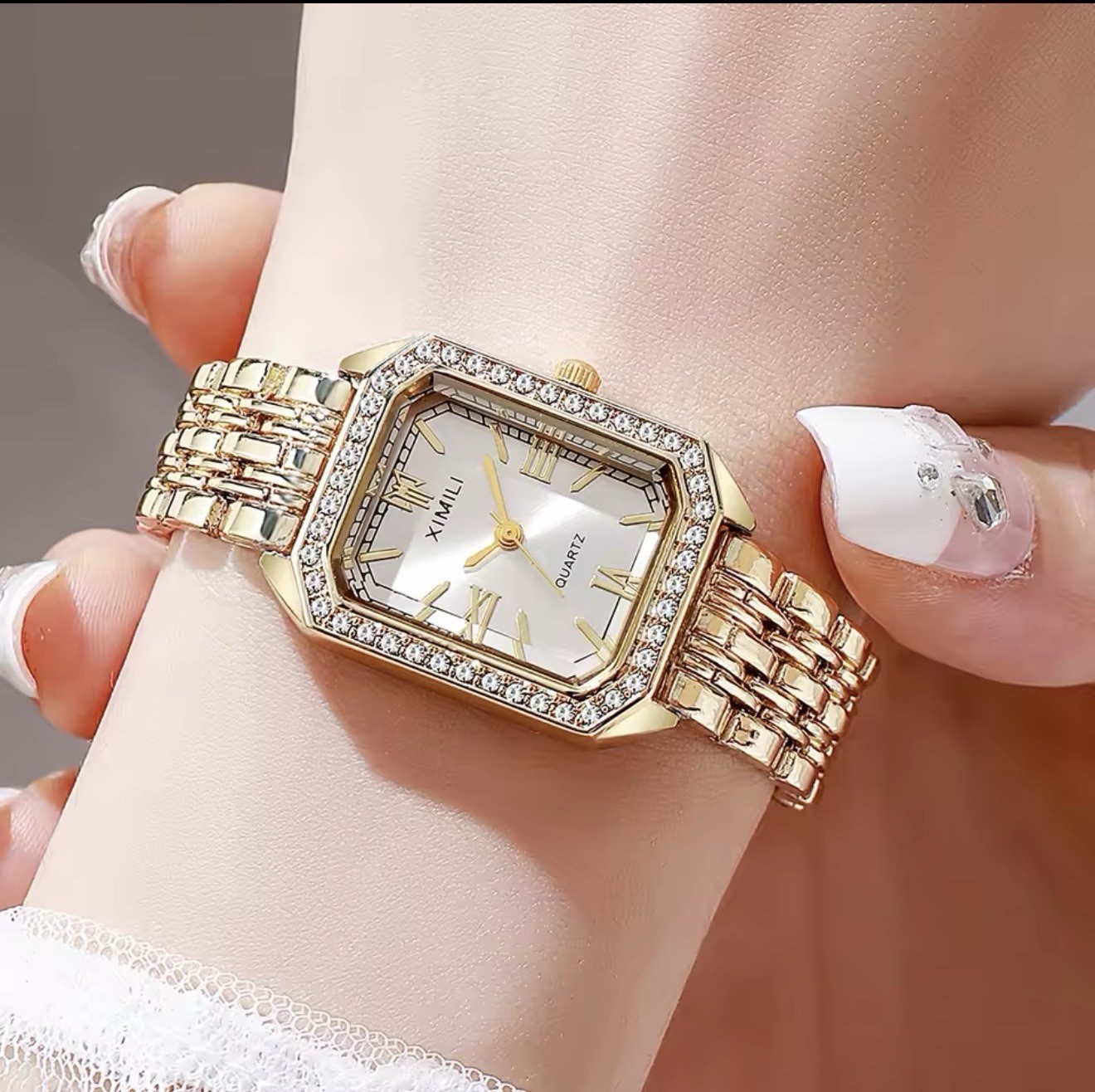 Women’s Quartz Analog Rectangle Watch Gold Tone Bracelet Crystal Bezel