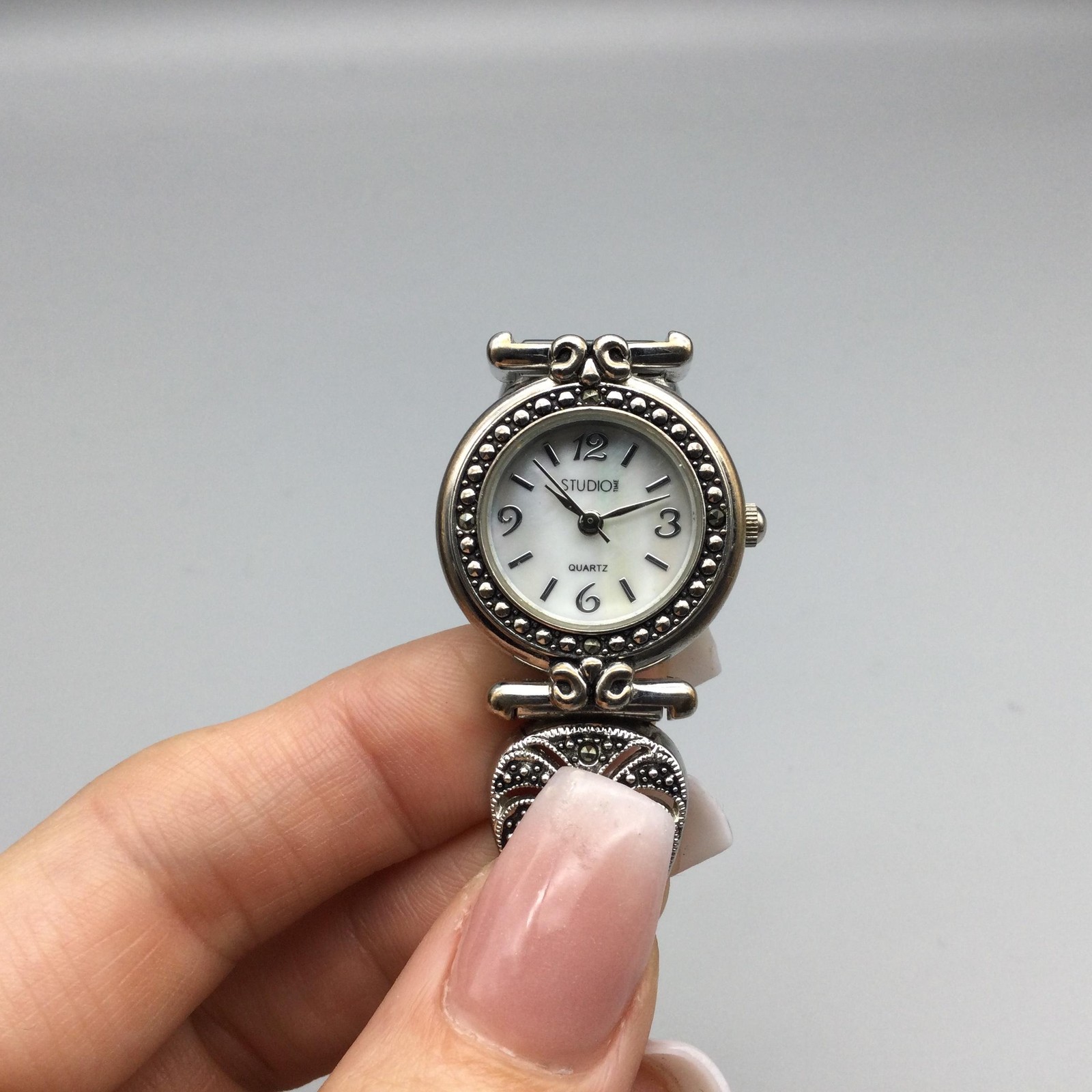 Studio Time Womens Watch 24mm Silver Tone Marcasite MOP Dial New Battery