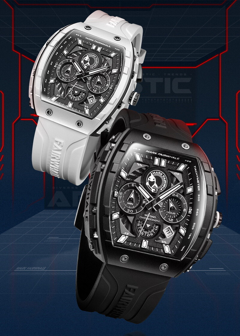 MARK FAIRWHALE Tonneau Luminous Multifunction Chronograph Calendar Quartz Watch