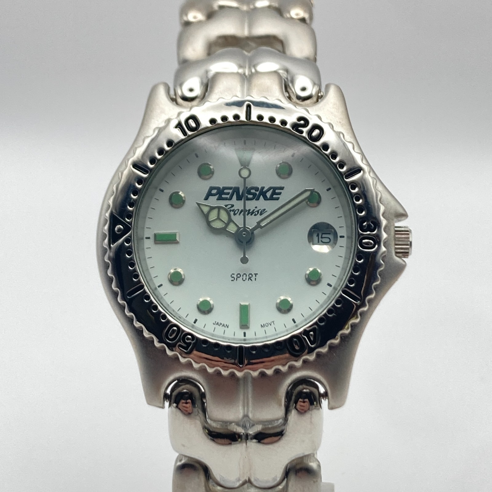 Penske Men’s Diver Watch 36mm Silver Tone Matte Rotating Bezel New Battery 8.25″