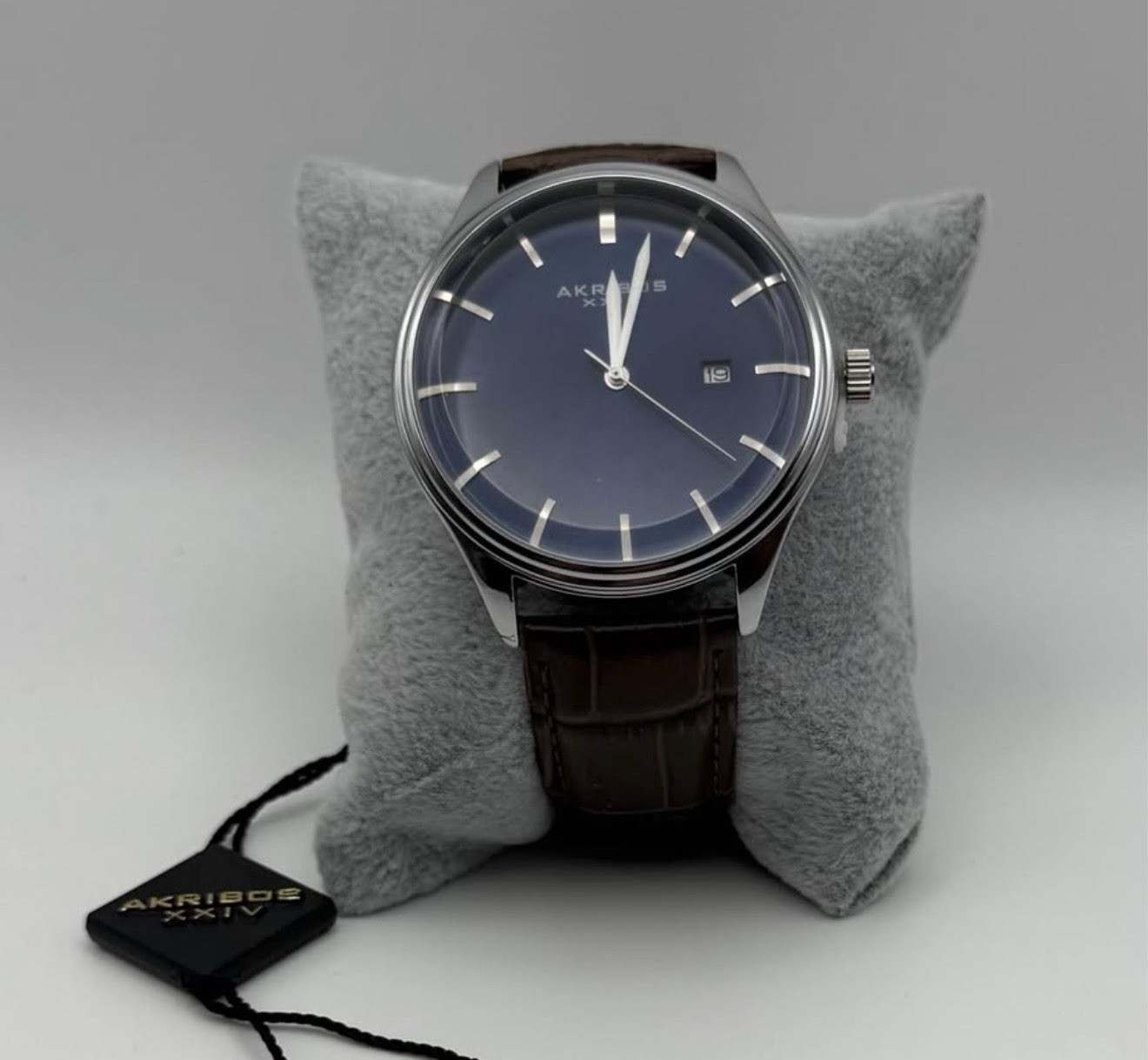 Akribos XXIV Men’s Quartz Dress Watch Blue Dial Date Brown Leather Strap 40mm