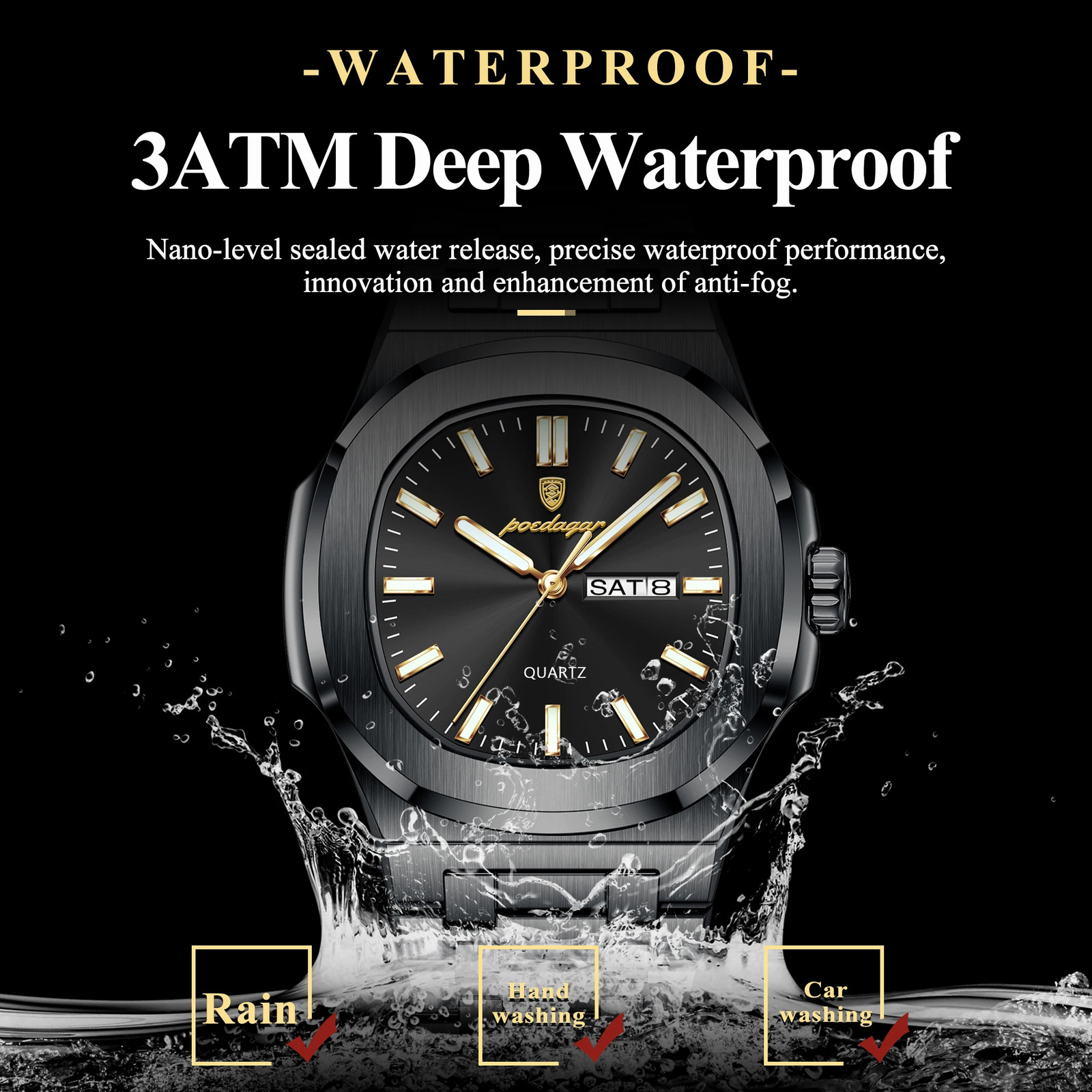 Men’s Luxury Square Dial Quartz Watch Stainless Steel Waterproof Luminous Date