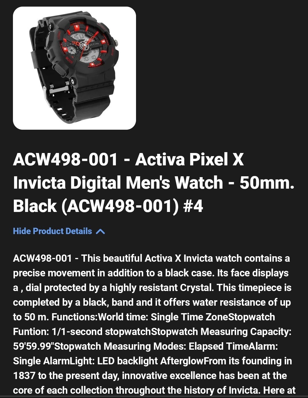 Activa Pixel X Invicta Watch. Red/Black/Grey. ACW498-001