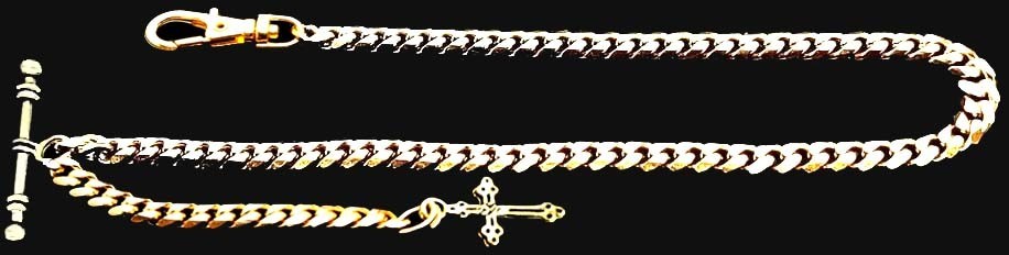 Gold Plated 12″ Inches Long Solid Pocket Watch Chain With Ornate Cross Fob