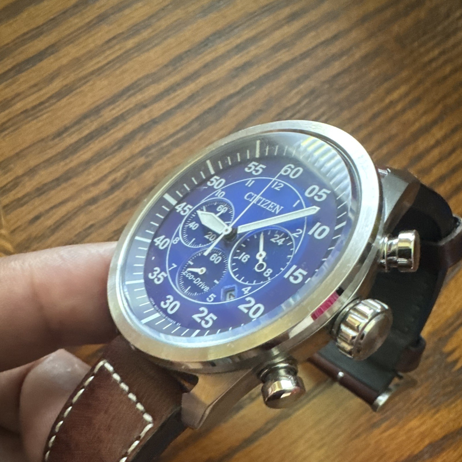 Citizen Eco-Drive Chronograph Date Blue Dial Brown Leather Strap 42mm 100m