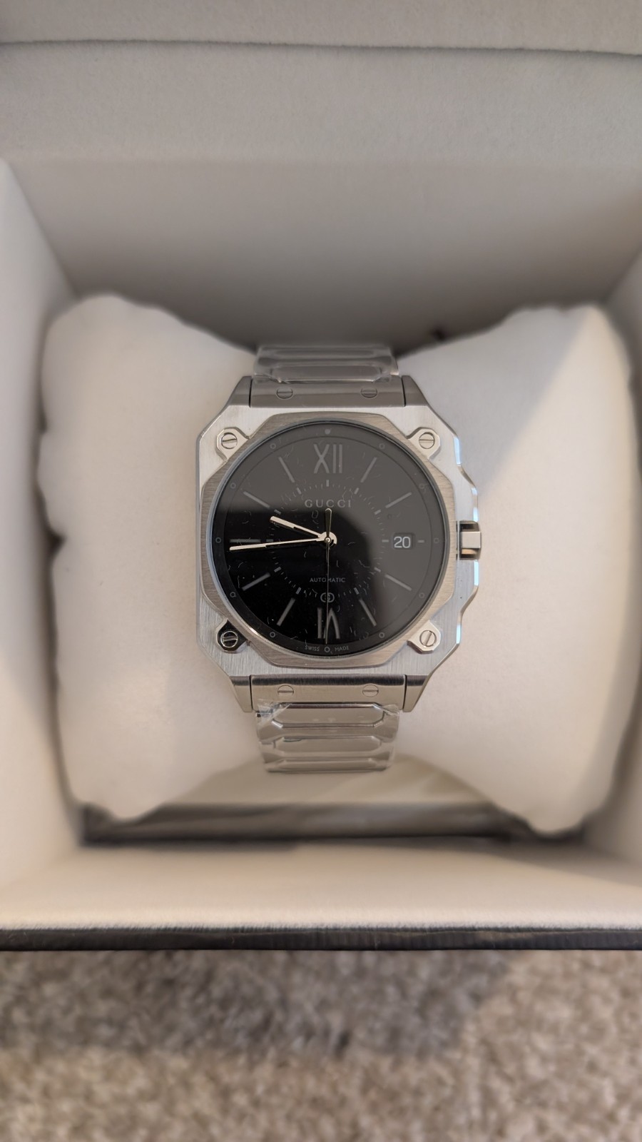 Gucci G-Flat Automatic 36mm Black Dial Men’s Watch YA166401 Stainless Steel NEW