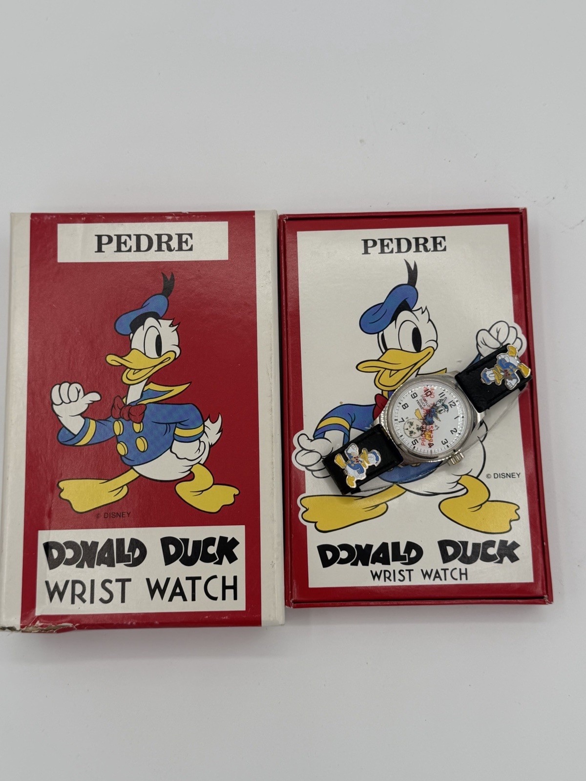 Pedre Disney Donald Duck Quartz Analog Wristwatch Black Leather Strap w/ Box