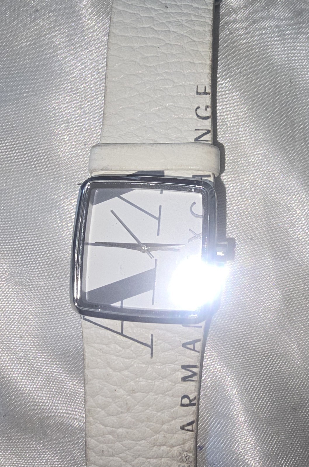 Armani Exchange AX3001 Quartz 50m WR Square Analog White Leather Strap