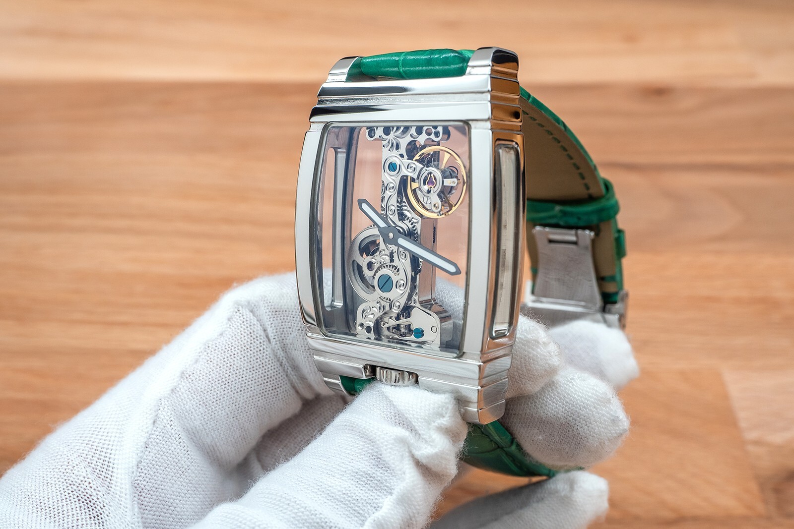Mens Silver Bridge Manual Mechanical Watch – Green Leather Strap Gift
