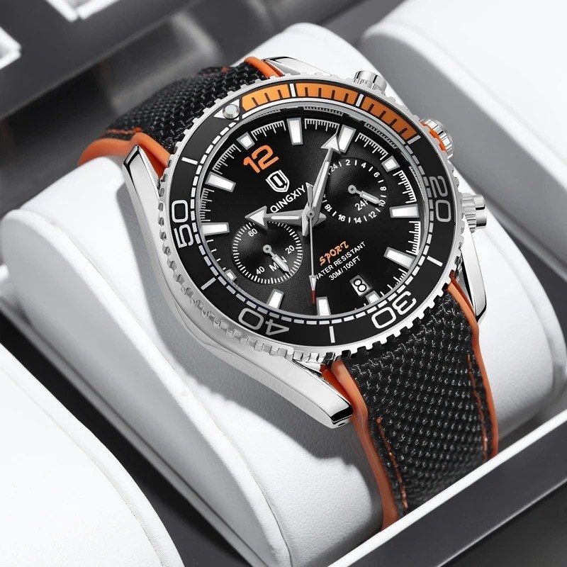 44MM QINGXIYA Quartz Diver Men’s Watch Nylon 30M Waterproof Date Luminous NEW