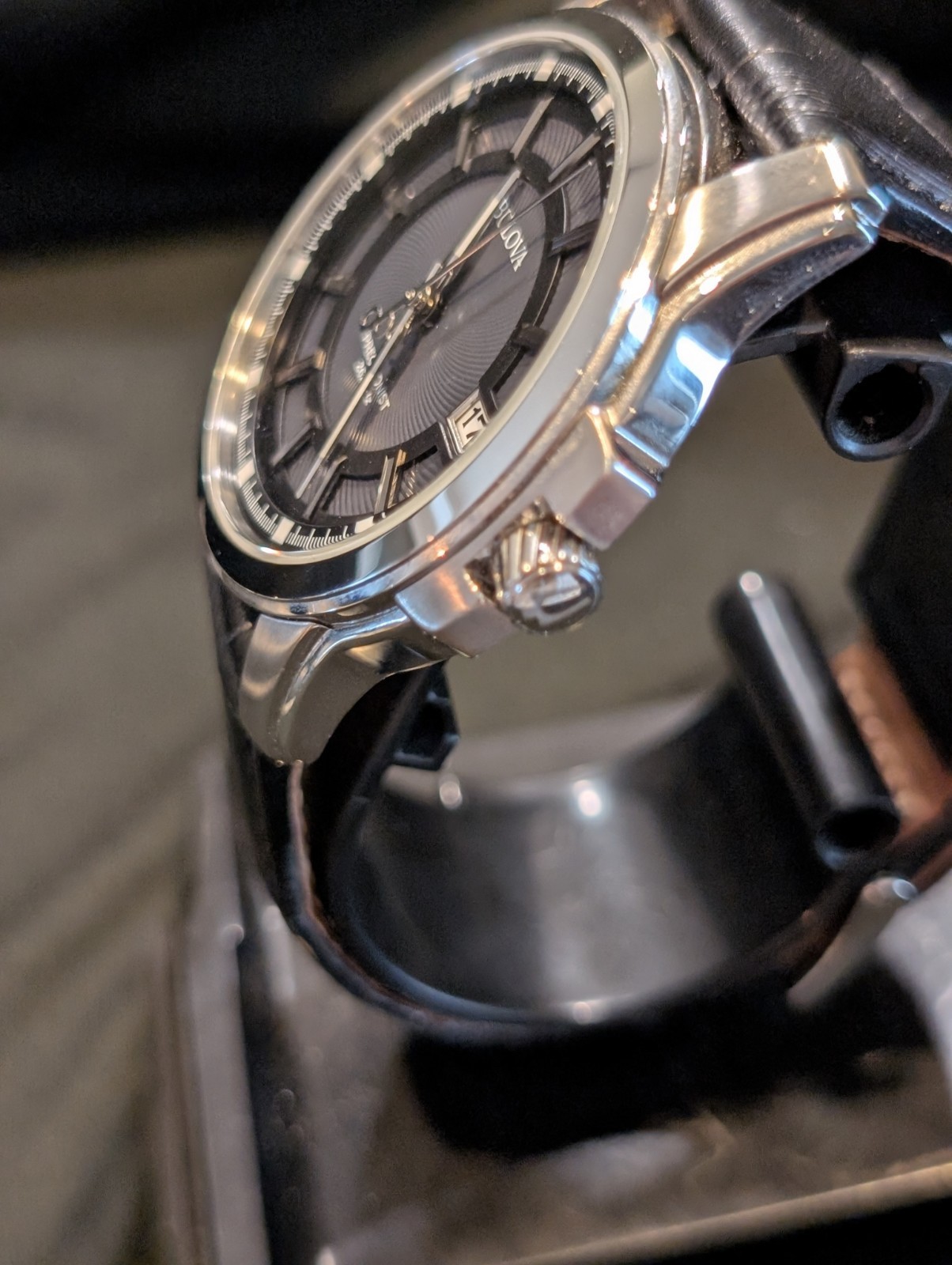 Bulova Precisionist Gray Dial Silver Tone Black Leather Band Men’s Watch 96B158