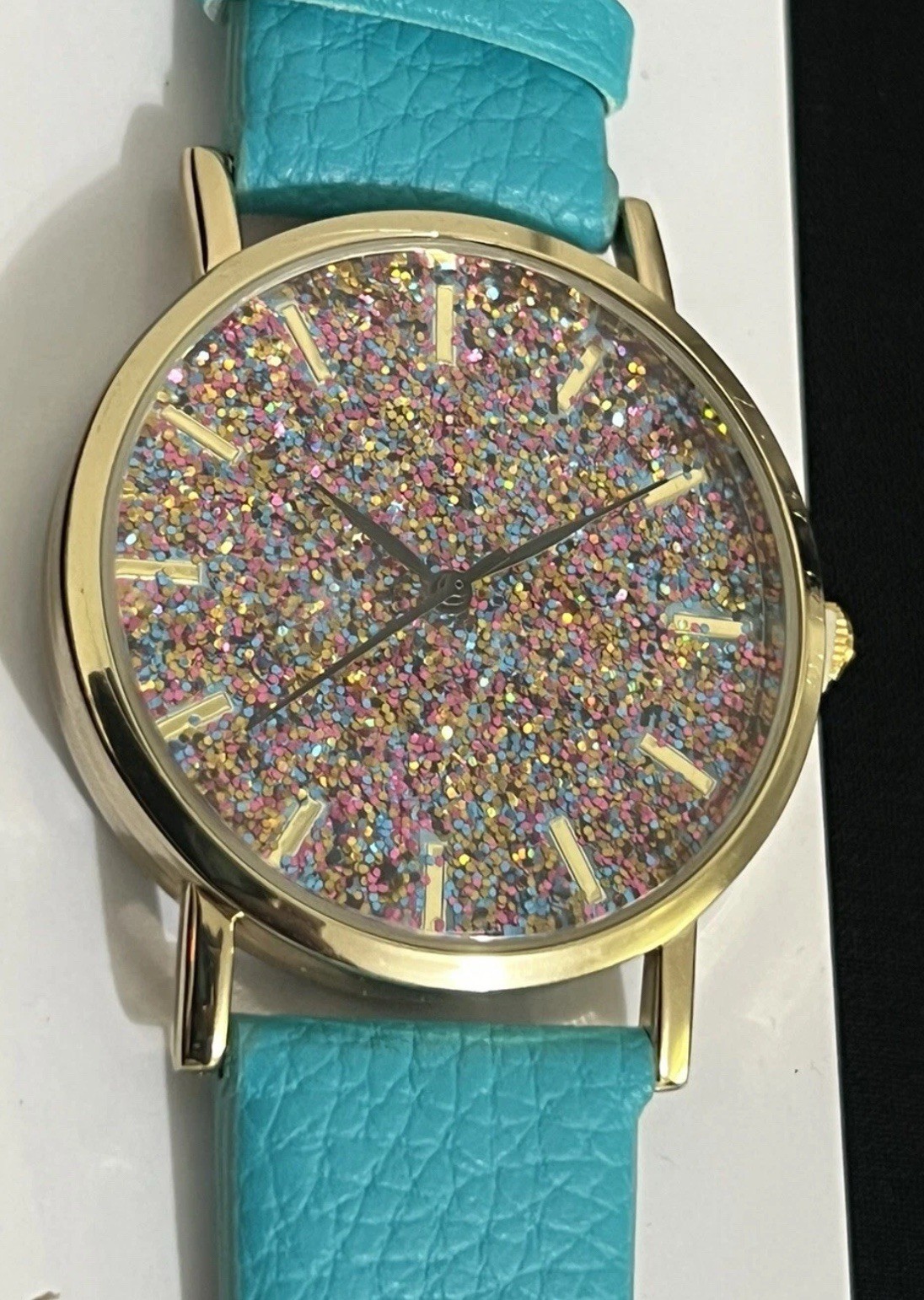 Women Watch Gold Tone Glitter Shimmery Dial Blue Teal Leather Band Casual NEW