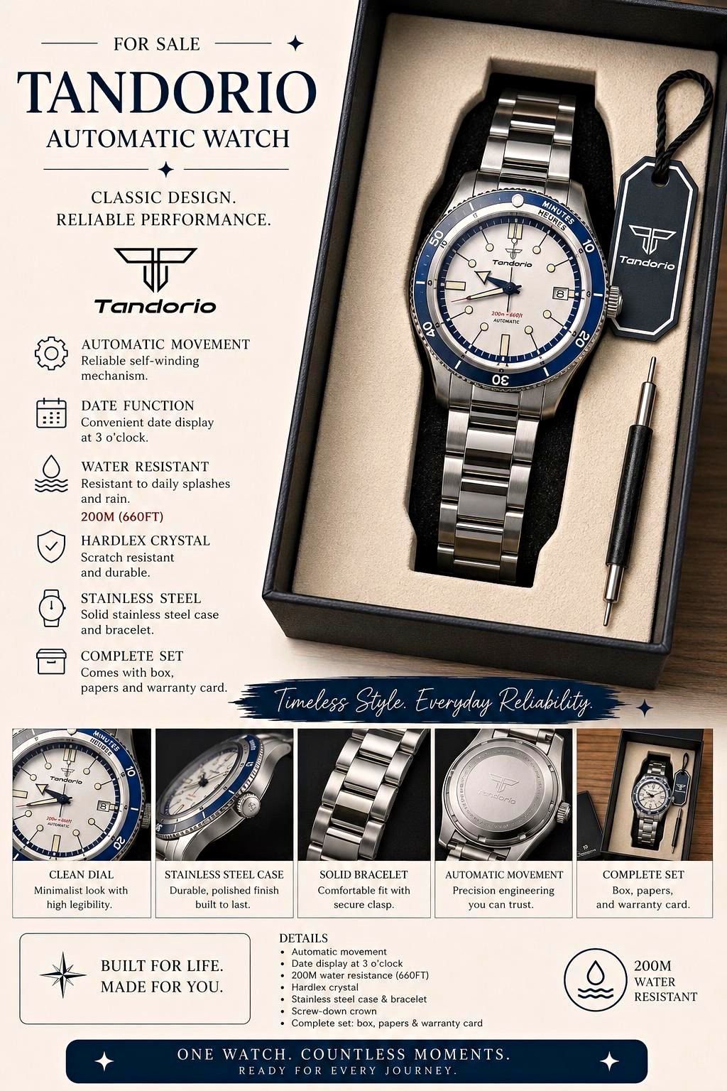 Tandorio TD010 Automatic Diver Watch 200m 40mm SS Bracelet