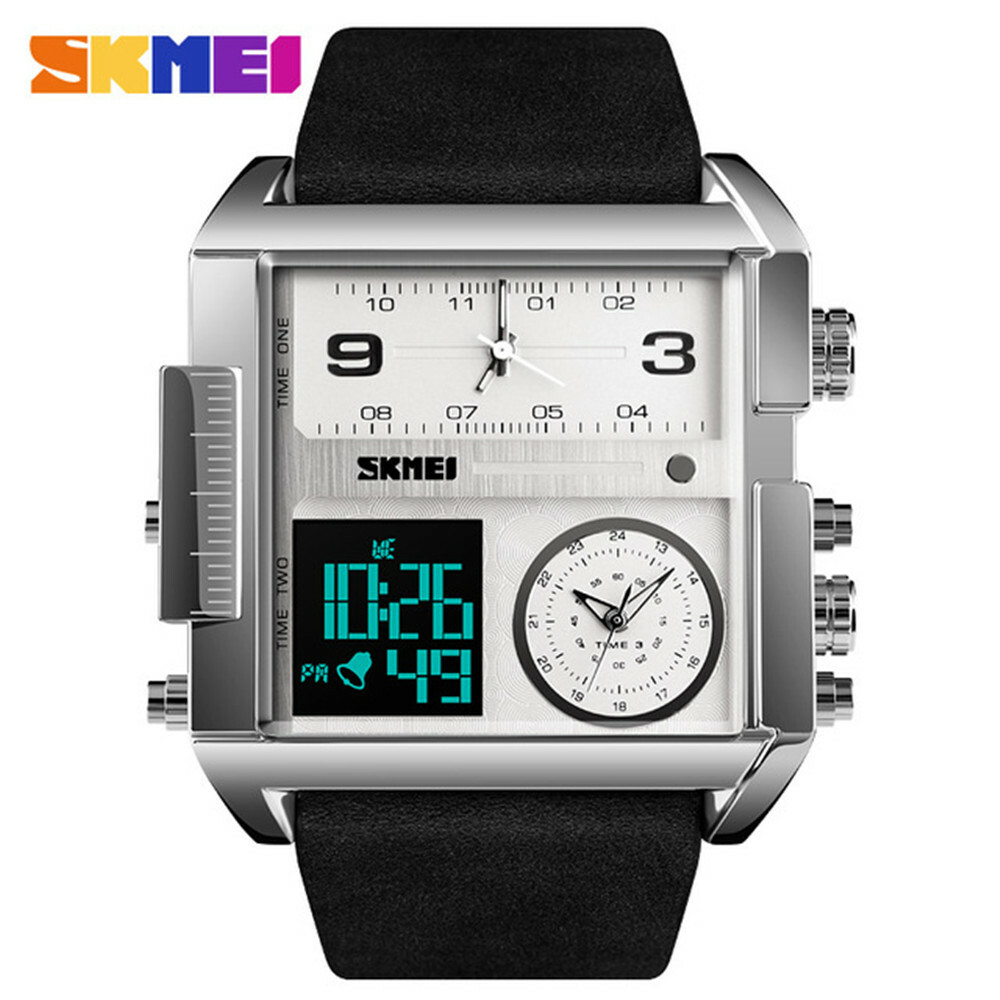 SKMEI Men’s Leather Watch – Square Digital Quartz Stopwatch Sport Wristwatch