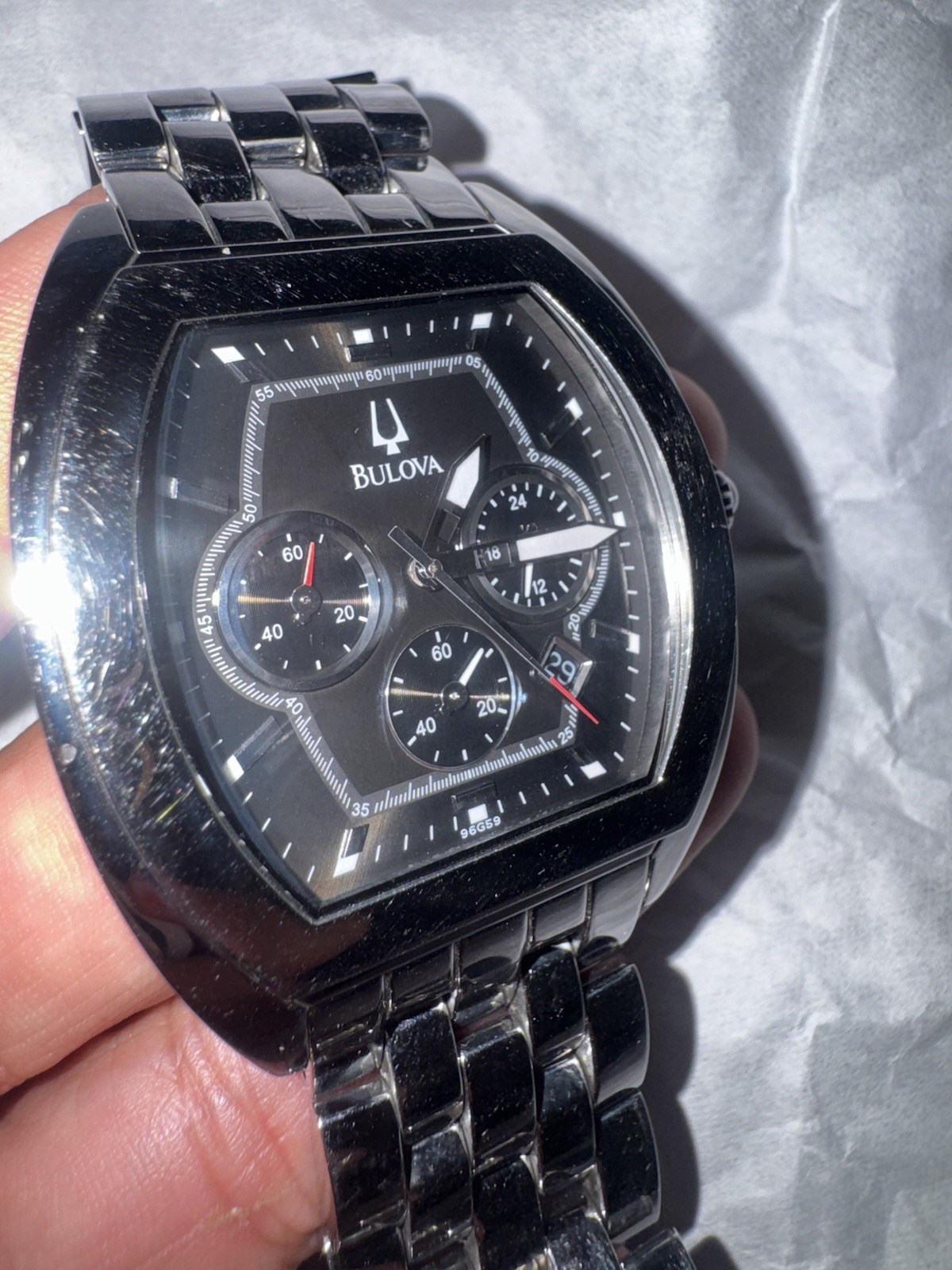 Working Bulova Men’s Chronograph Quartz Black Dial Stainless Steel Tonneau Watch