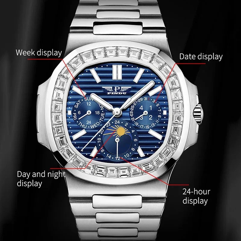 🔥USA🔥PINDU P6502 Men’s Automatic Blue Watch Square Diamond Moon phase