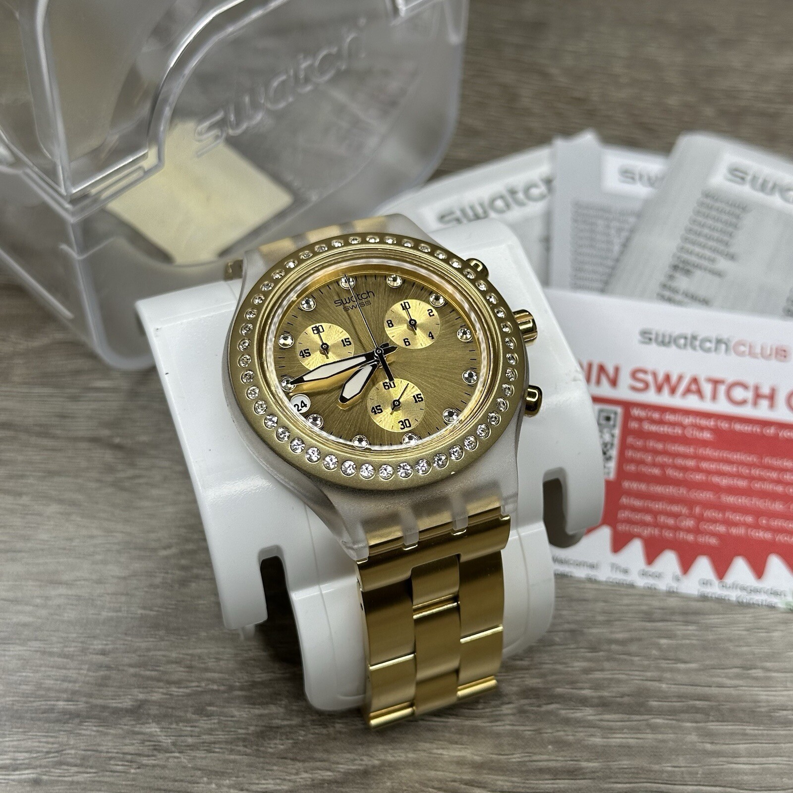 NEW✅ SWATCH IRONY FULL BLOODED GOLD CHRONO ALUMINUM 43MM WATCH SVCK4084
