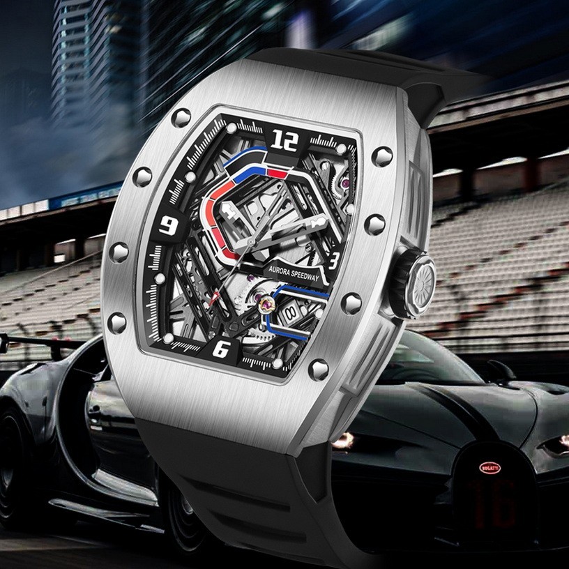 HANBORO Men Automatic Watch Tonneau Mechanical Wristwatch Racetrack Miyota 9015