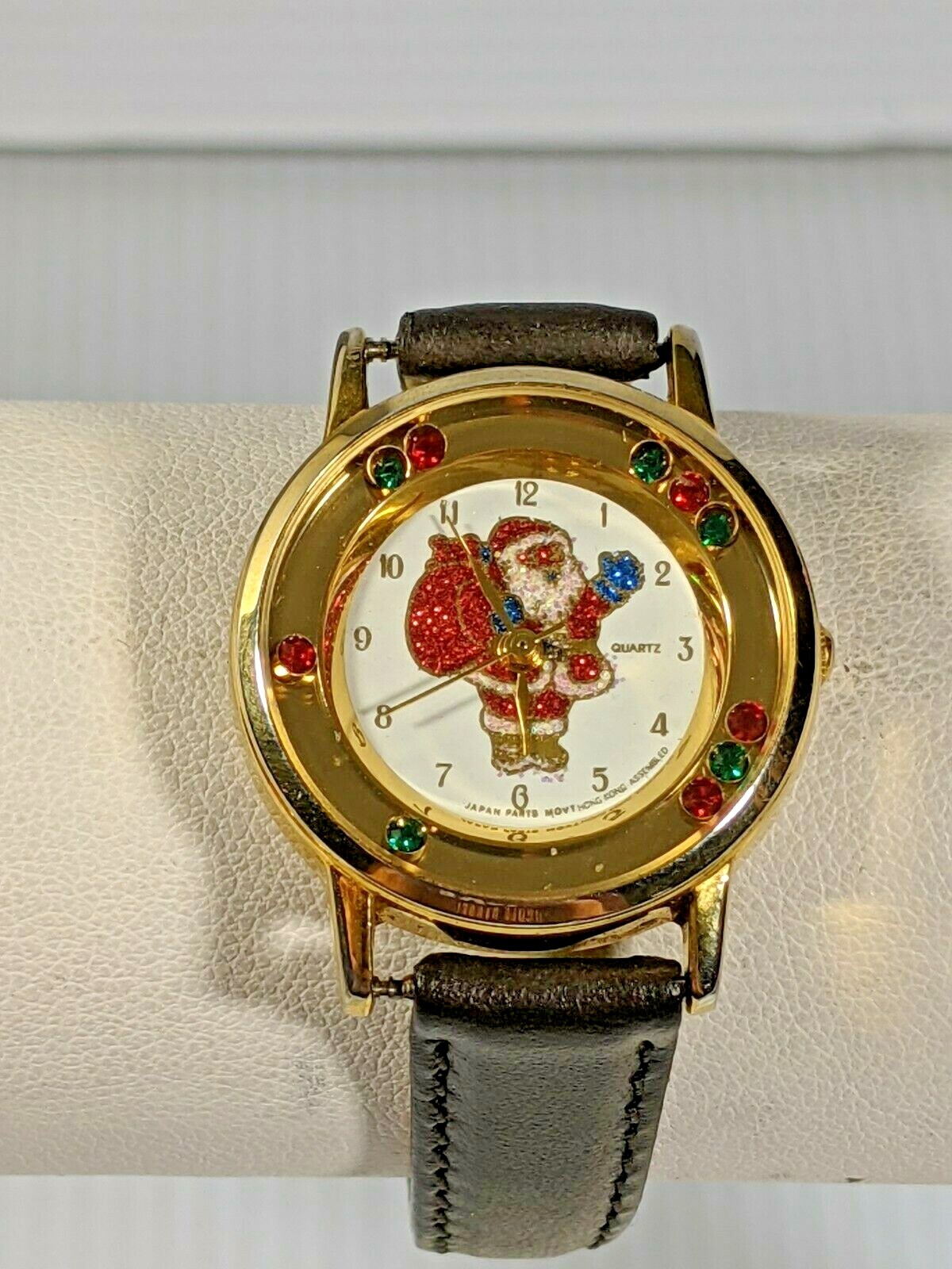 Gold Tone Red Green Floating Crystal Santa Claus Black Band Watch 8 Inch