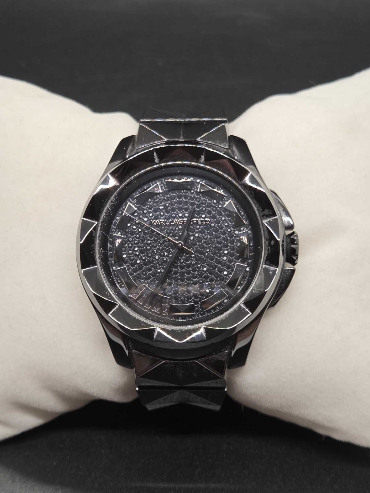 Rare Karl Lagerfeld Stainless Black Pyramid Stud Analog KL-1027 Watch AS IS