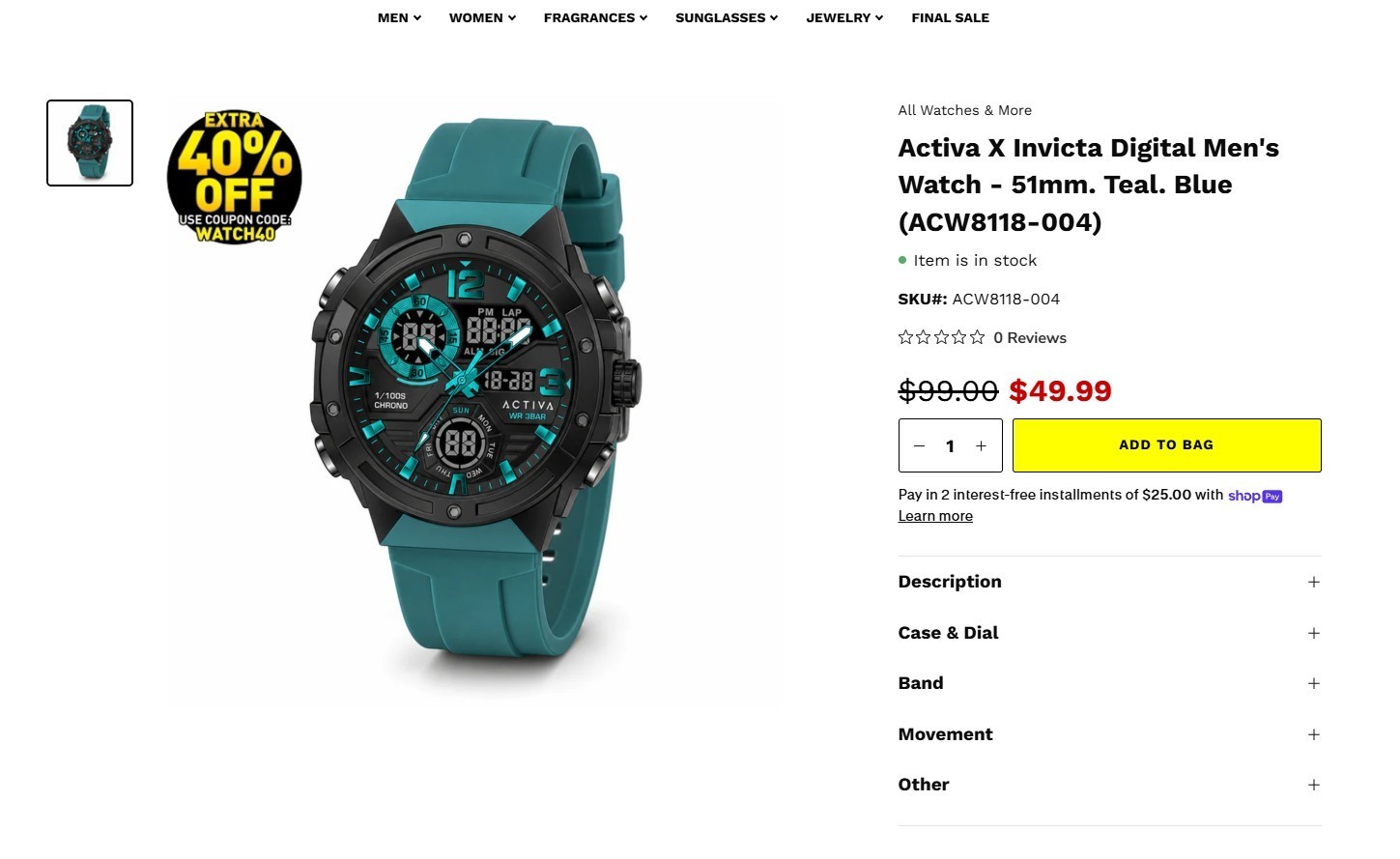 Activa X Invicta Digital Men’s Watch – 51mm, Teal, Blue (ACW8118-004)