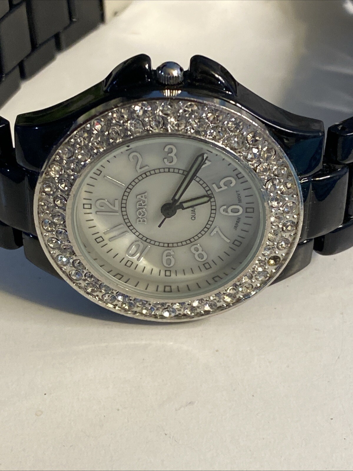 Bora Black Tone Crystal Accent Round Case Black Band Watch New Battery