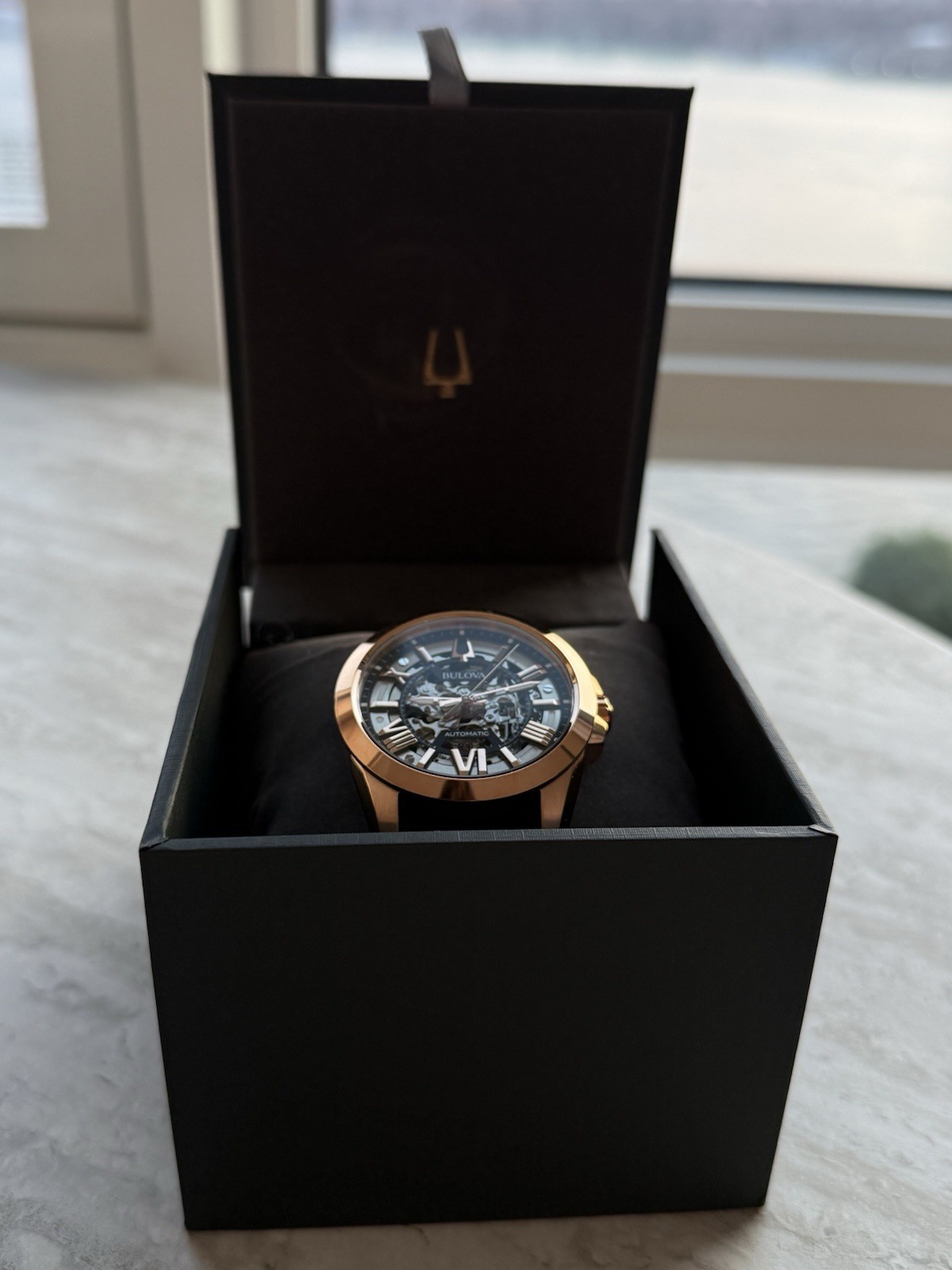 Bulova Sutton Men’s 43mm Automatic Skeleton Dial Rose Gold/Blue Leather w/ Box