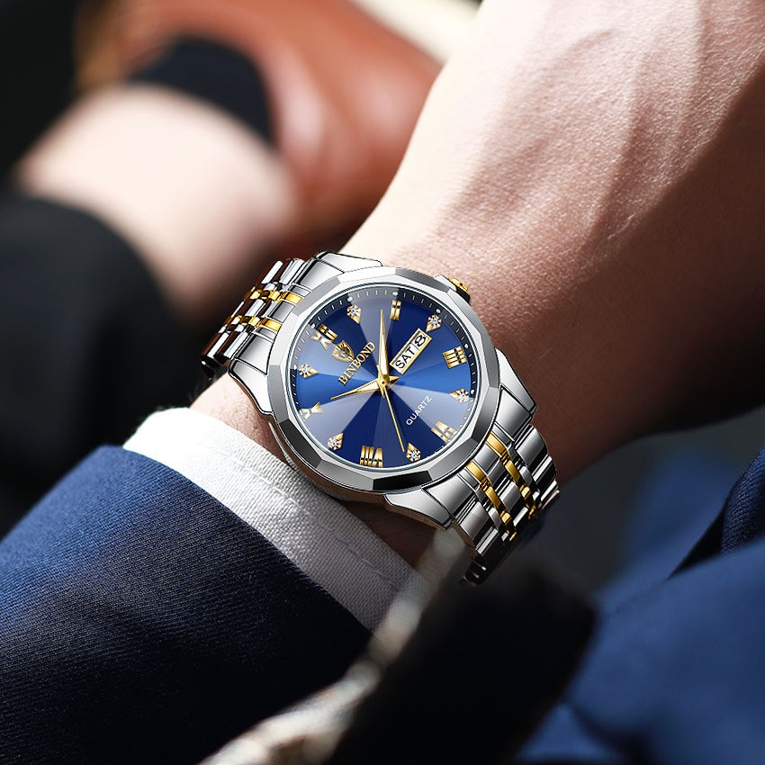 Men’s Business Stainless Steel Quartz Watch Dual Calendar Butterfly Clasp 41mm