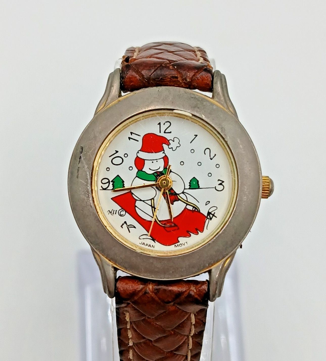 Christmas Snowman Watch 25mm Quartz Japan Braided Leather Band Holiday FLAW READ