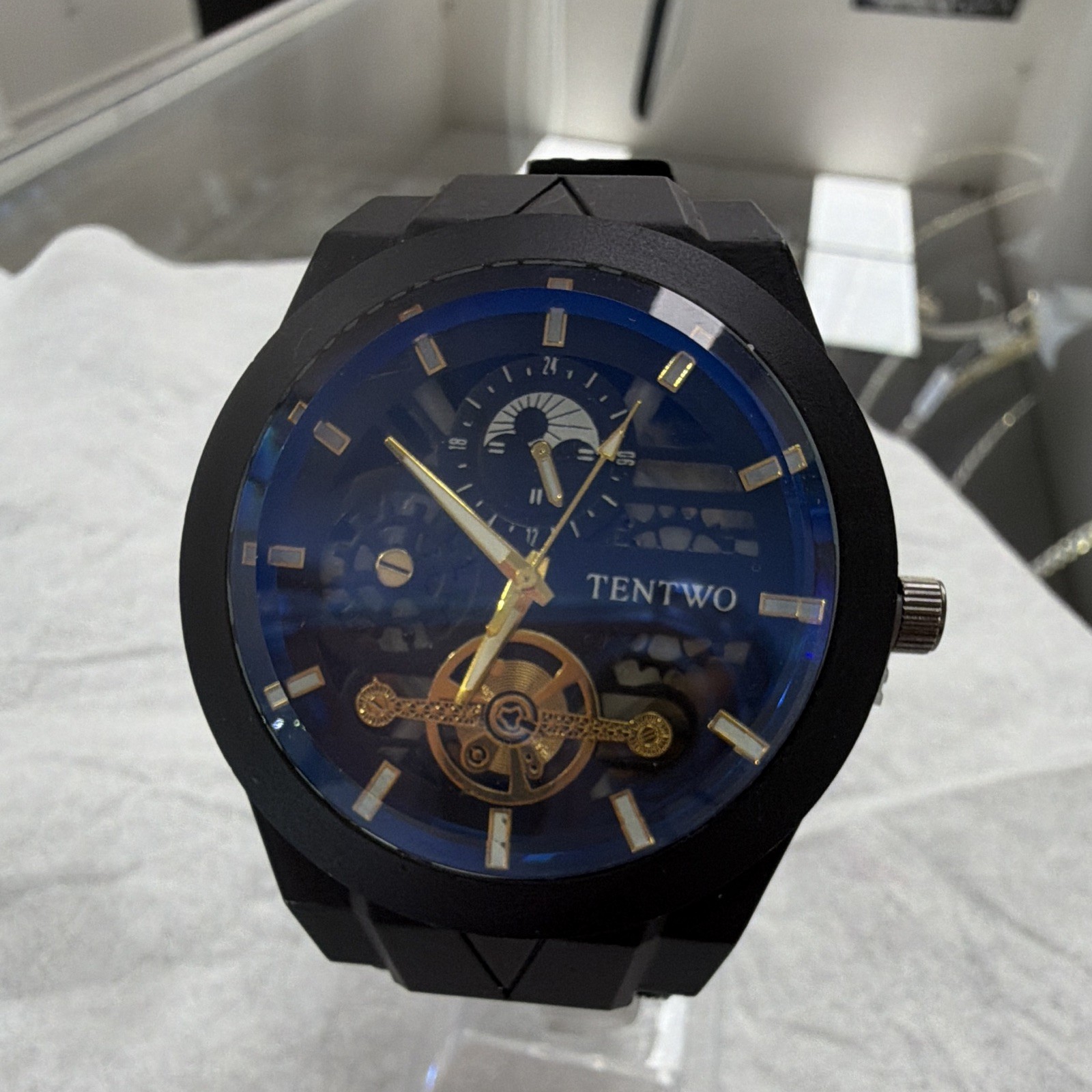 TENTWO Quartz Analog Skeleton Dial Watch Blue/Black/Gold Black Rubber Strap