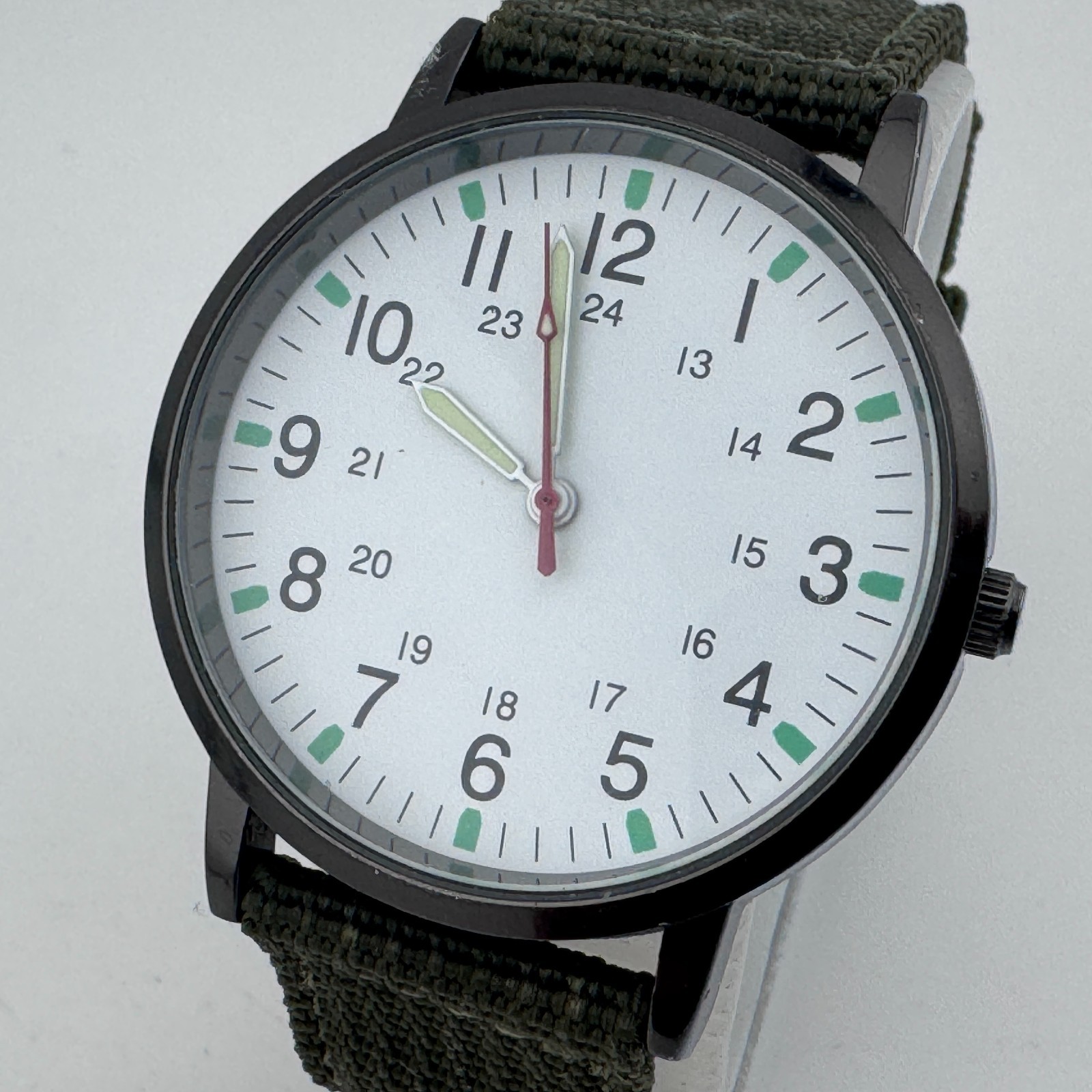 Accutime Quartz Watch Men Black White Military Dial Green Canvas Band New Batter