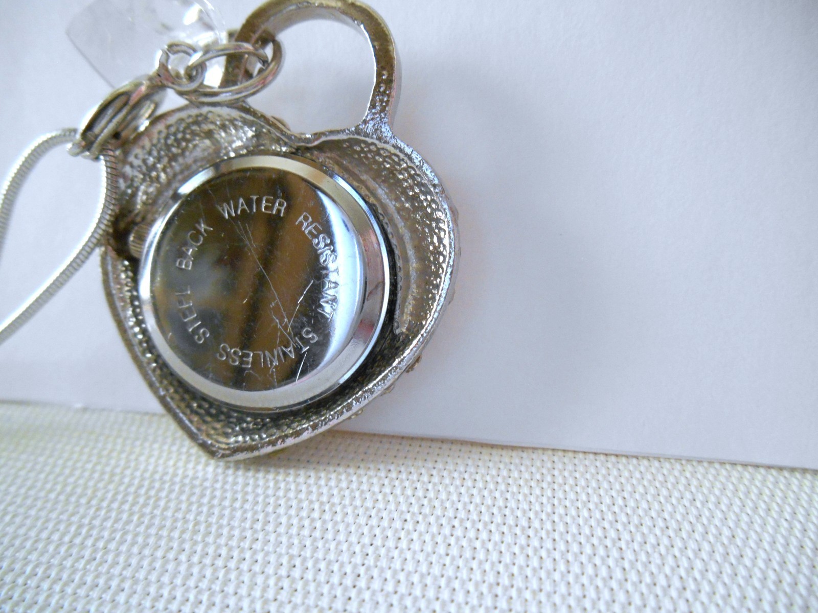 Silvertone & Clear Rhinestone Heart Necklace Watch – New Battery