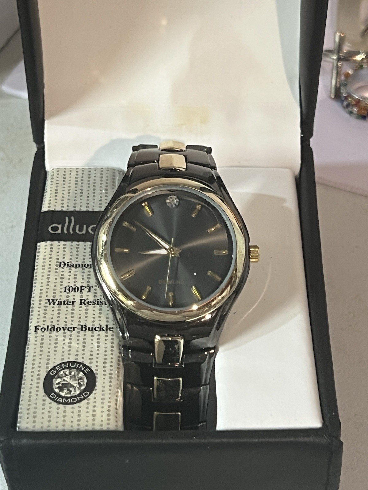 Allude Men’s Black Ceramic Gold Tone Diamond Watch New Battery S14JT6