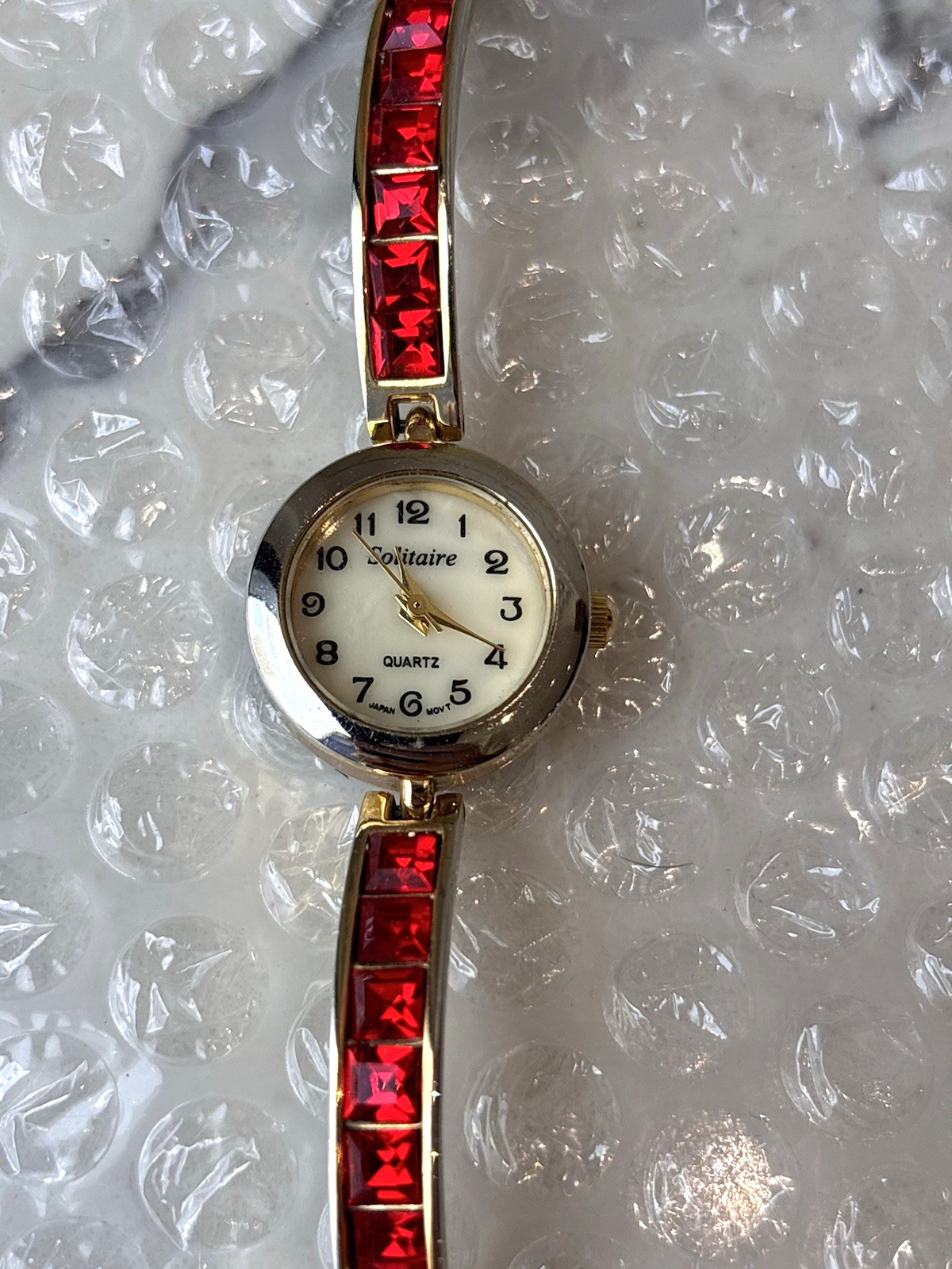 Dazzling Solitaire Two-Tone Ladies Watch Red Stone Inlay, Gifts for Her