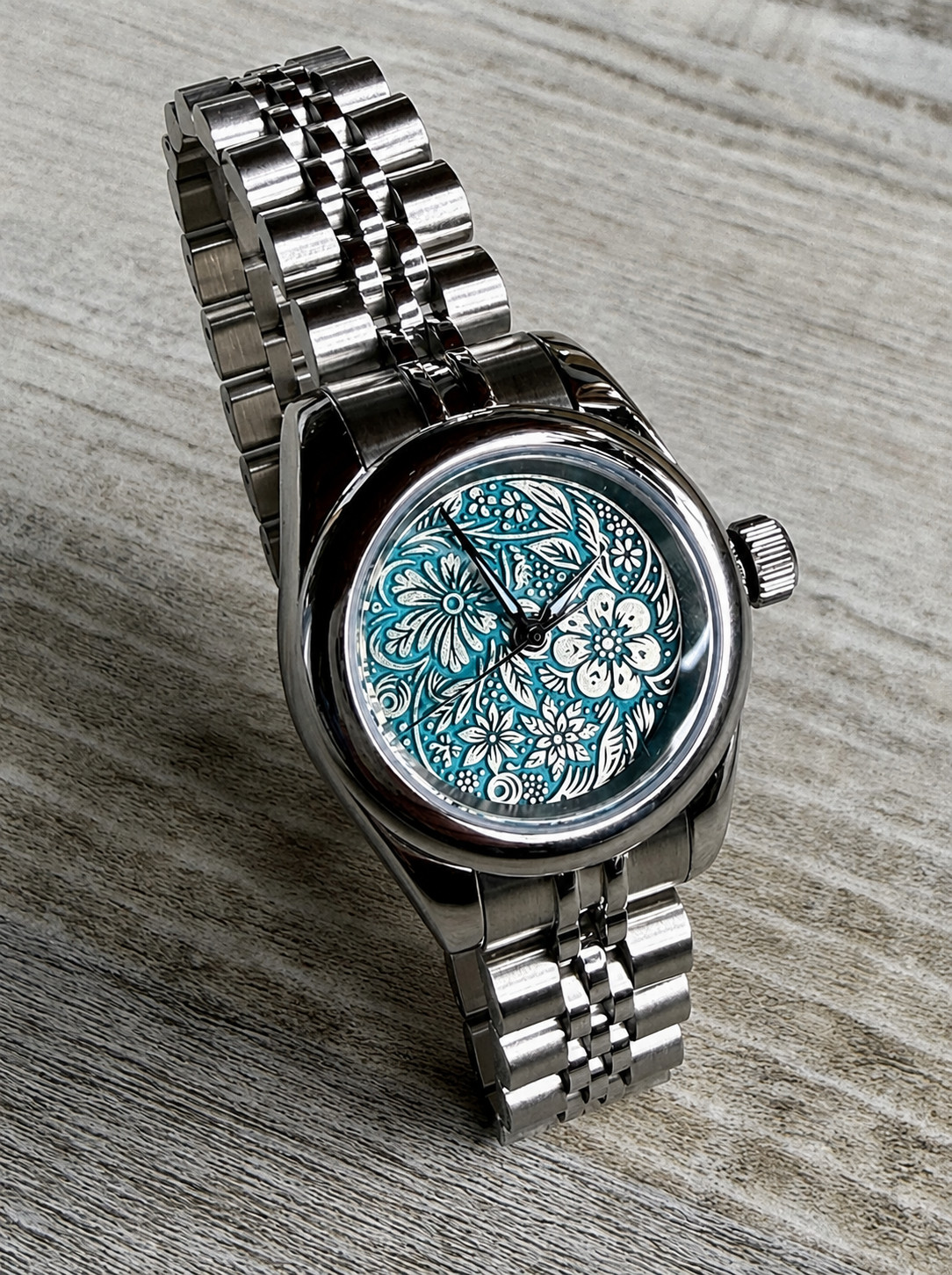 Small Case Automatic Watch, Turquoise Floral Engraved Dial, Stainless Steel