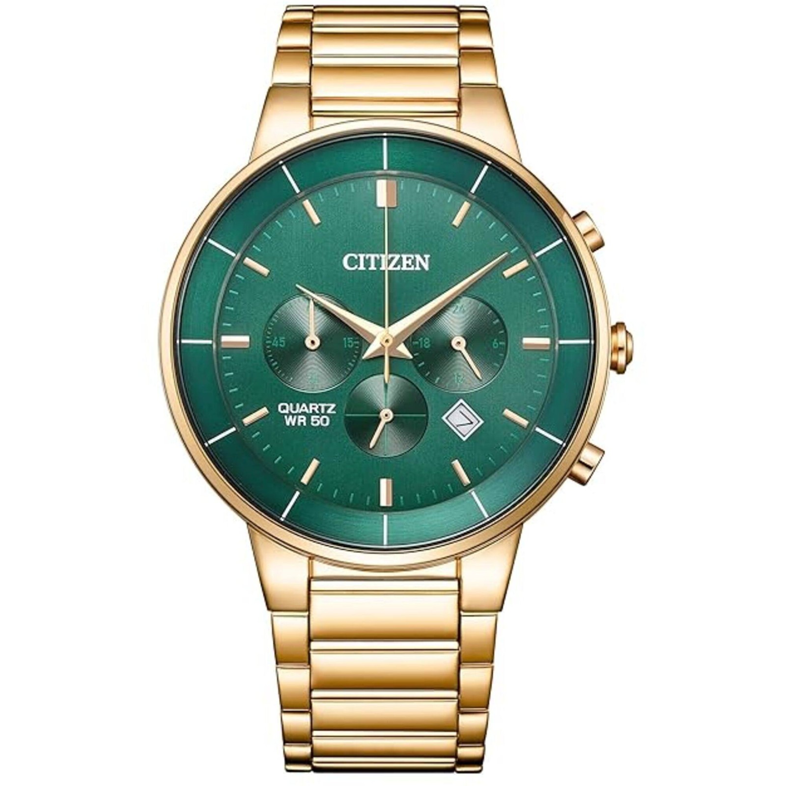 Citizen Men’s Watch Chronograph Green Dial Yellow Gold Steel Bracelet AN8223-54X