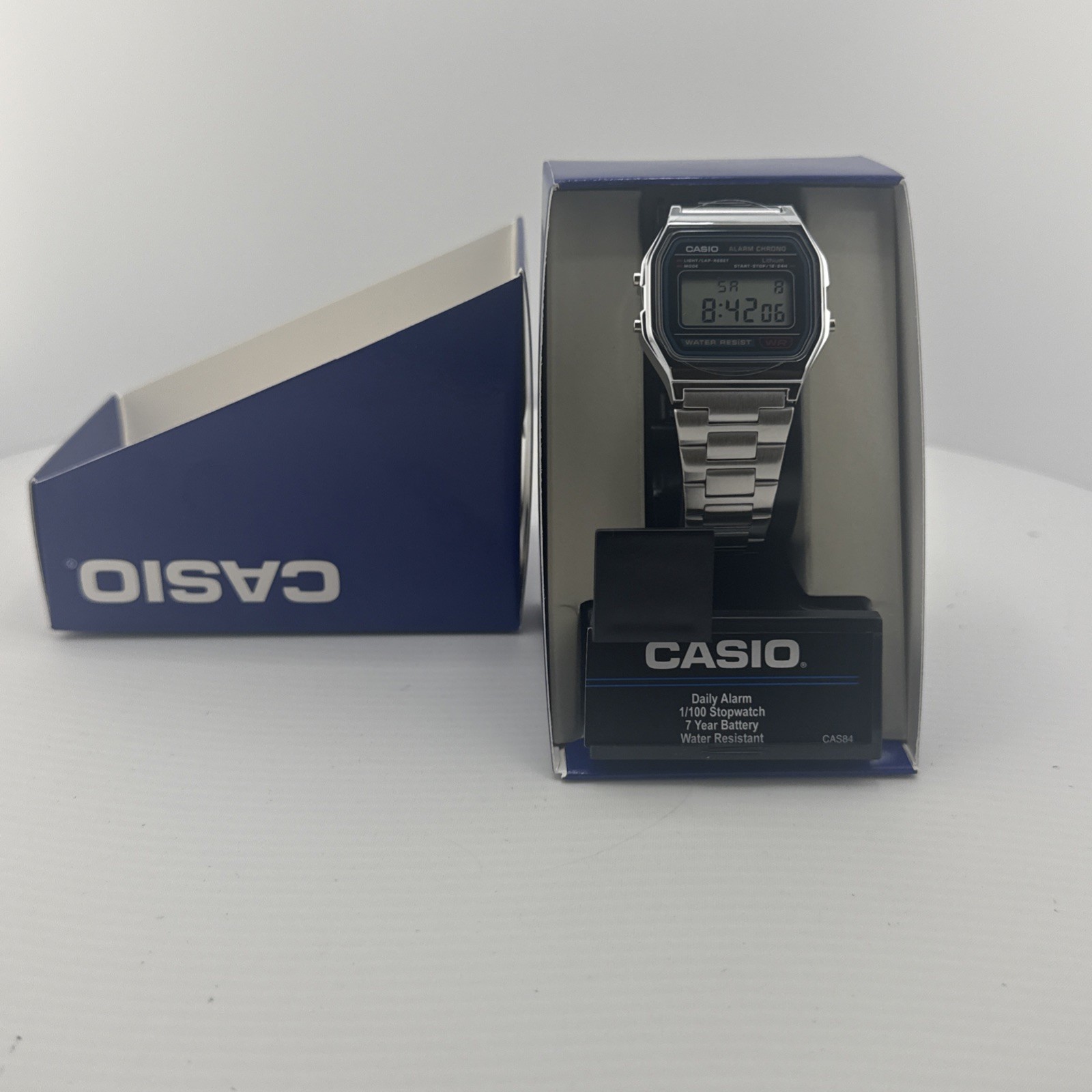 Casio A158WA-1, 7 Year Battery Classic Chronograph Watch, Alarm, Date, NEW