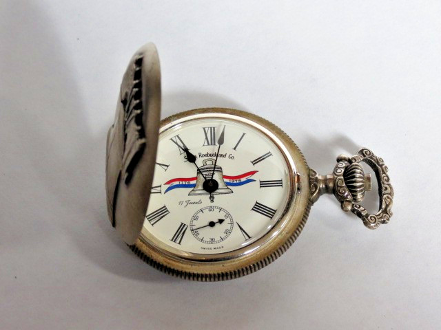 1776-1976 US Bicentennial 0.925 Silver Case Swiss Made 17 Jewel Pocket Watch