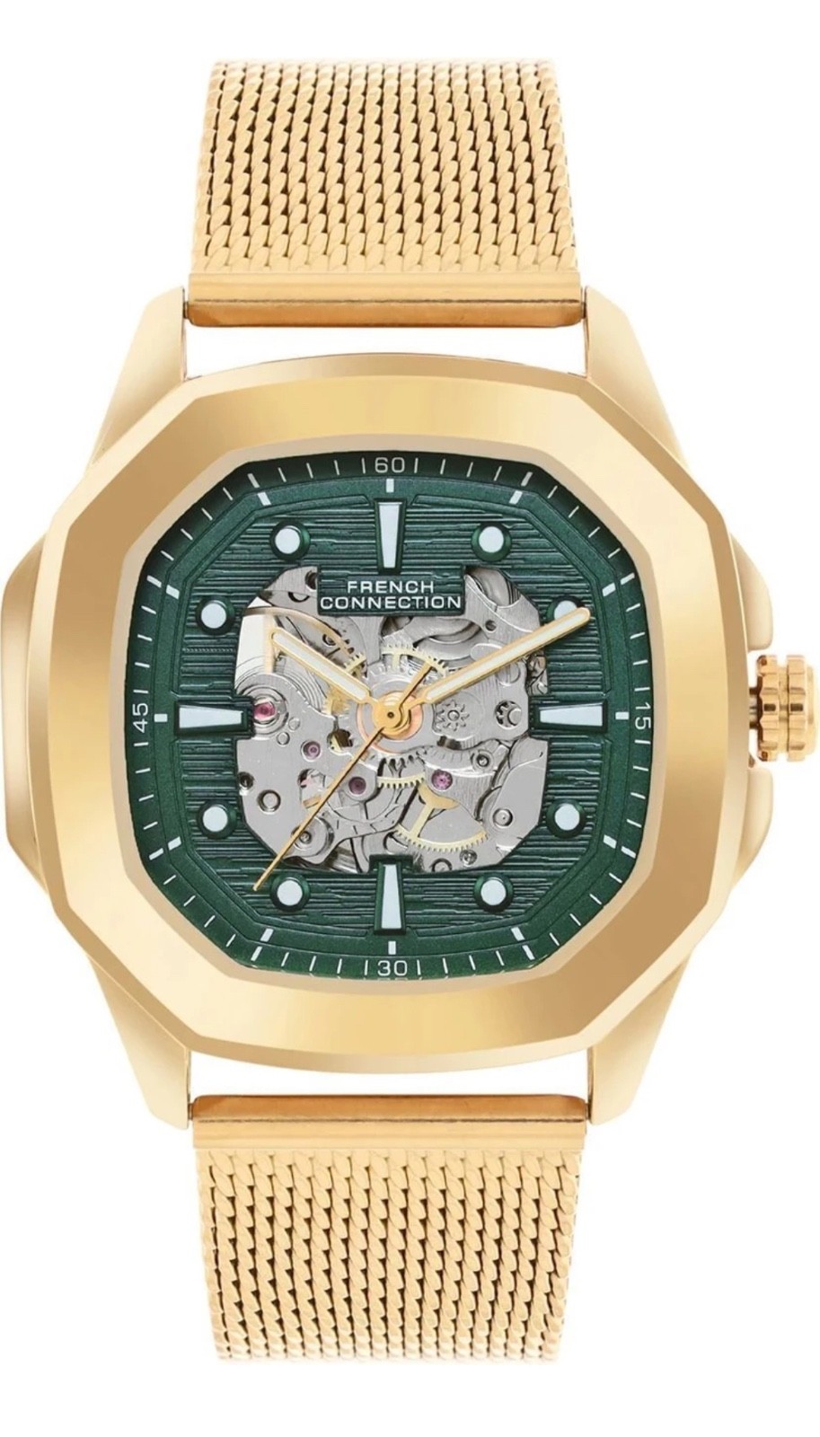 French Connection Automatic Men’s Skeleton Watch Mesh Strap Black & Gold