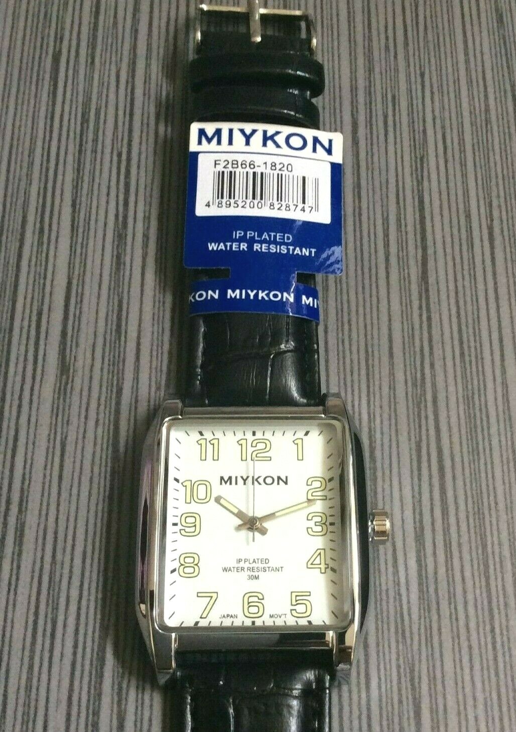 Miykon Men’s Watch Rectangle White Dial Green Arabic Hours on Black Leather Band